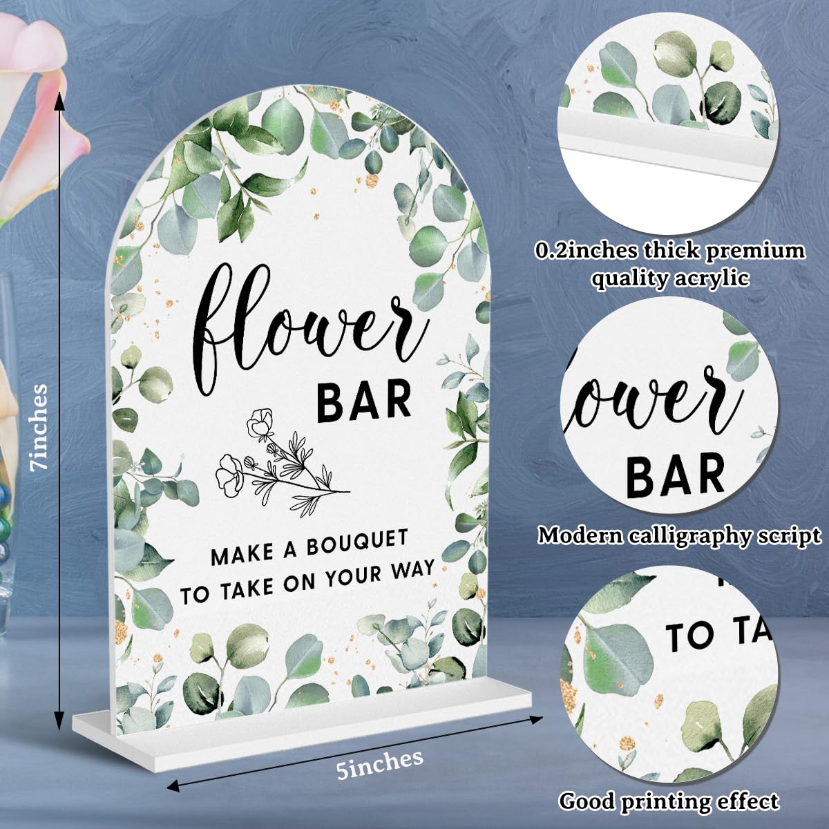 Acrylic Wedding Signs, Bubble Send Off Signs for Marriage Reception, Bridal Shower Decorations, Modern Arched Round Top Acrylic Table Top Sign with Holder for Wedding Party (White Eucalyptus Leaves) BST326L
