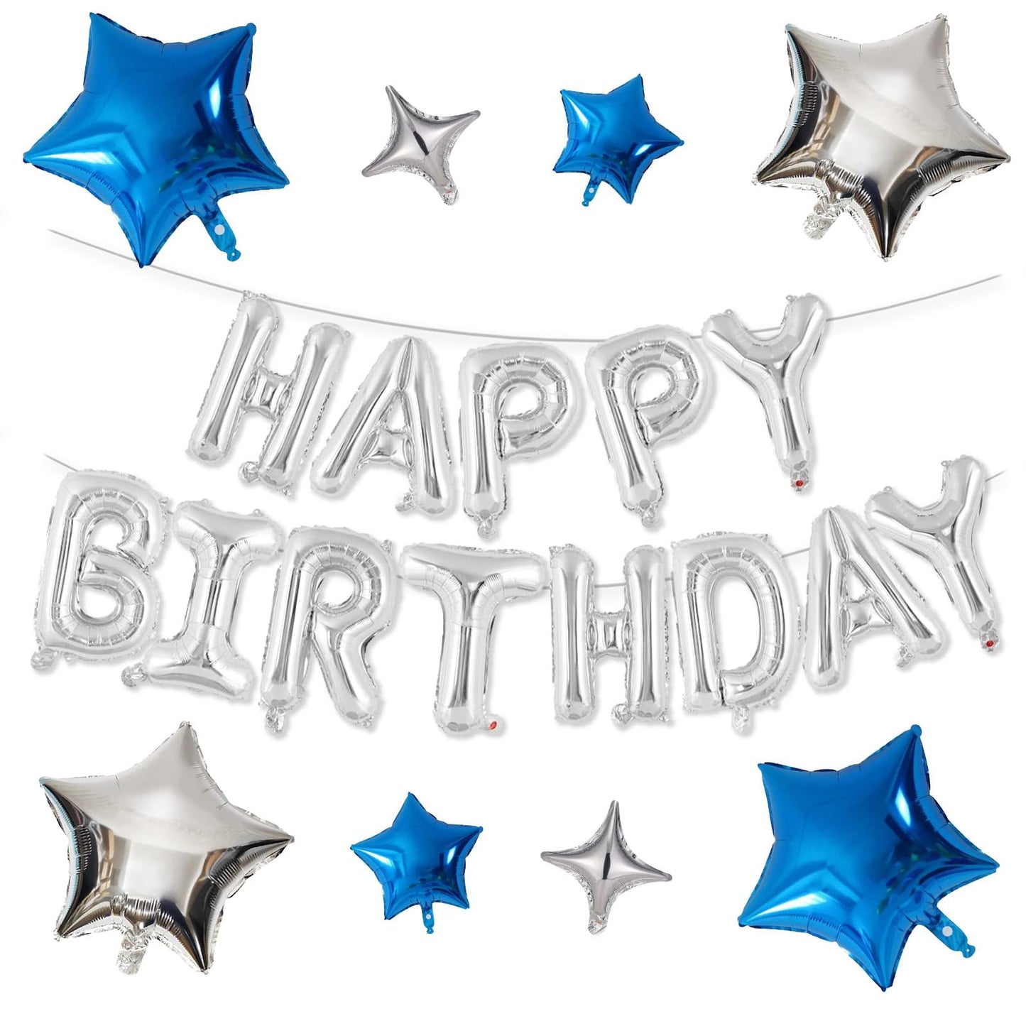 Happy Birthday Balloons Banner, Rainbow Happy Birthday Foil Balloons 16 Inch Foil Letter Balloon with 8 Pcs Gradient Blue Pink Star Balloon for Women Men Boys Girls Birthday Party Decoration WN420