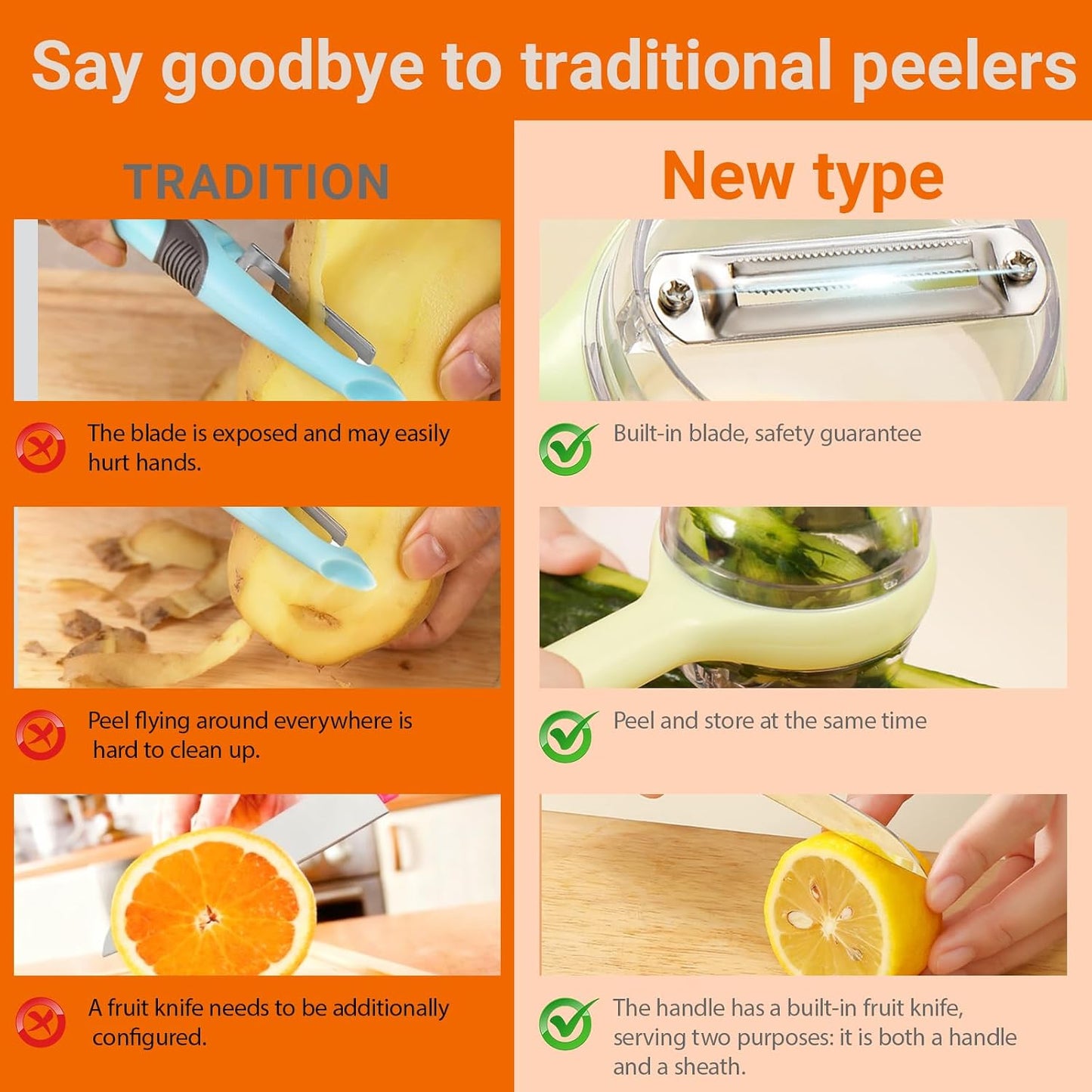 3-in-1 Vegetable Peeler with Storage Container - Stainless Steel Blade, Built-in Knife in Handle, Catches Peels, for Kitchen, Backyard BBQs, Picnics, Outdoor Parties - Easy Clean (Yellow) BST202