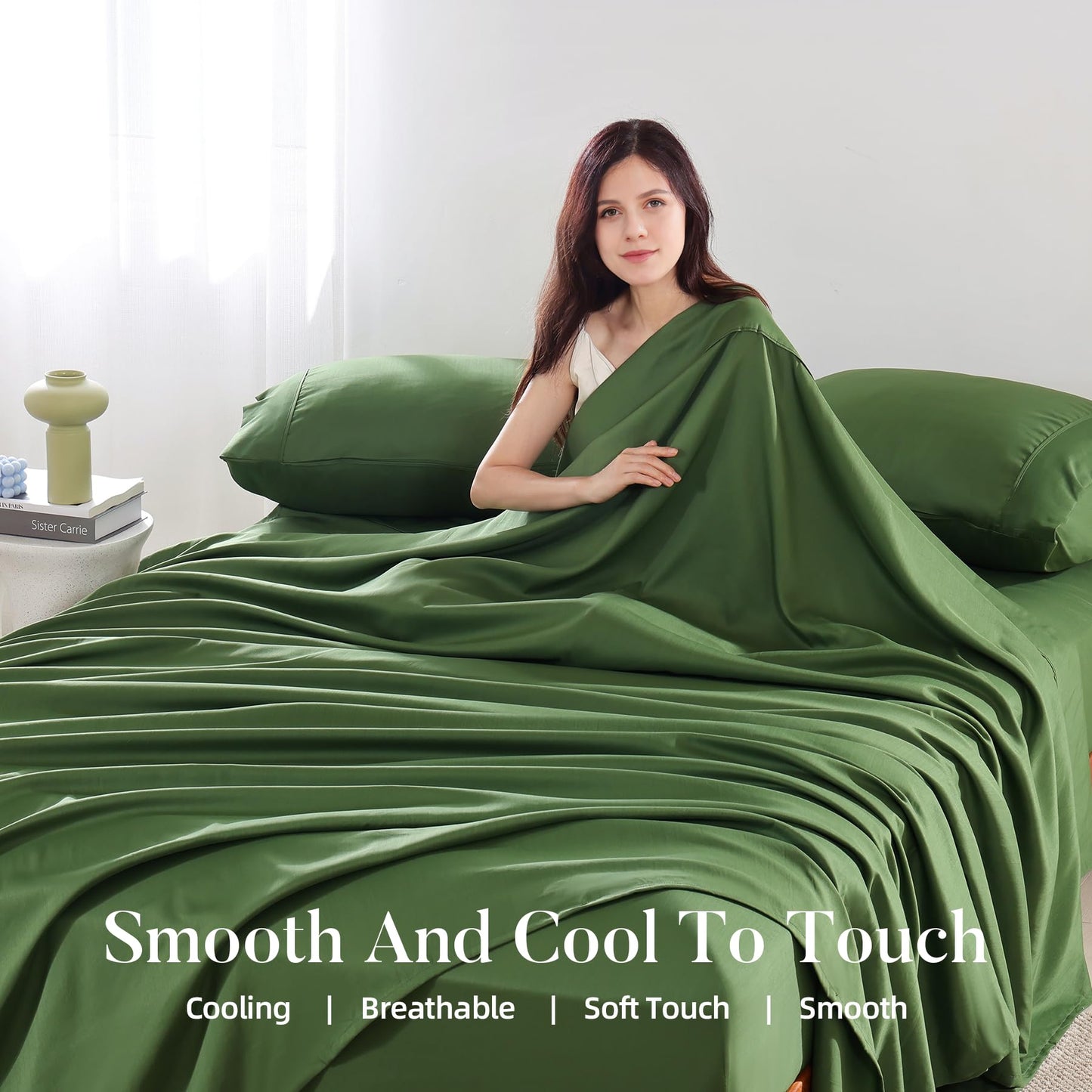 4 Piece Twin Size Sheet - Cooling Bed Sheets Set, Blend Rayon Derived from Bamboo, Breathable Soft Hotel Luxury Bedding & Pillowcases, Silky Fit 16 inch Extra Deep Pocket, Oeko-Tex - Olive Green BST326H