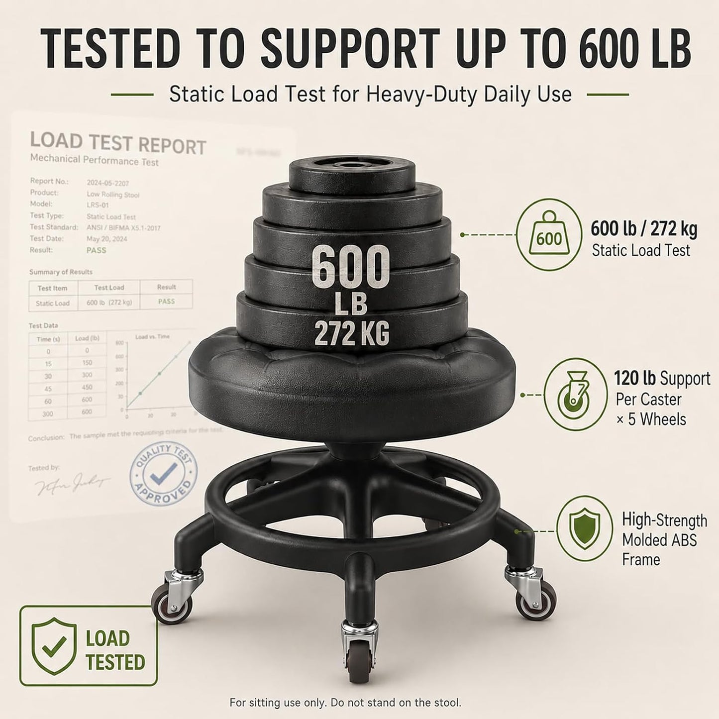 Low Rolling Stool with Smooth & Quiet Bearing Rubber Wheels, Heavy Duty 600 lb Capacity Mechanics Rolling Seat for Garage, Salon, Cleaning & Auto Repair, Black Seat with Black Frame WN420