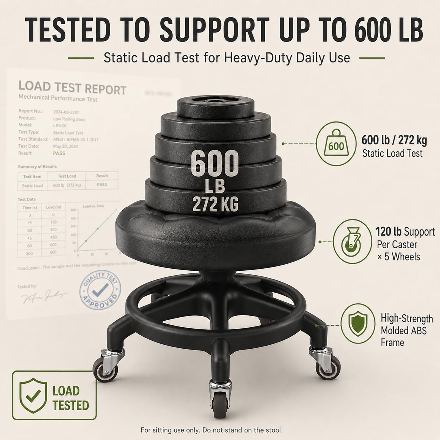 Low Rolling Stool with Smooth & Quiet Bearing Rubber Wheels, Heavy Duty 600 lb Capacity Mechanics Rolling Seat for Garage, Salon, Cleaning & Auto Repair, Black Seat with Black Frame WN420