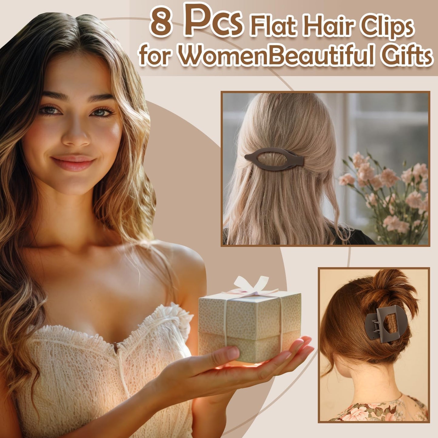 8 Pcs Flat Hair Clips for Women, 2 Styles Large Flat Claw Clips for Women, Strong Hold Non-slip French Hair Clips for Thick Thin Hair, Neutral Color WN420