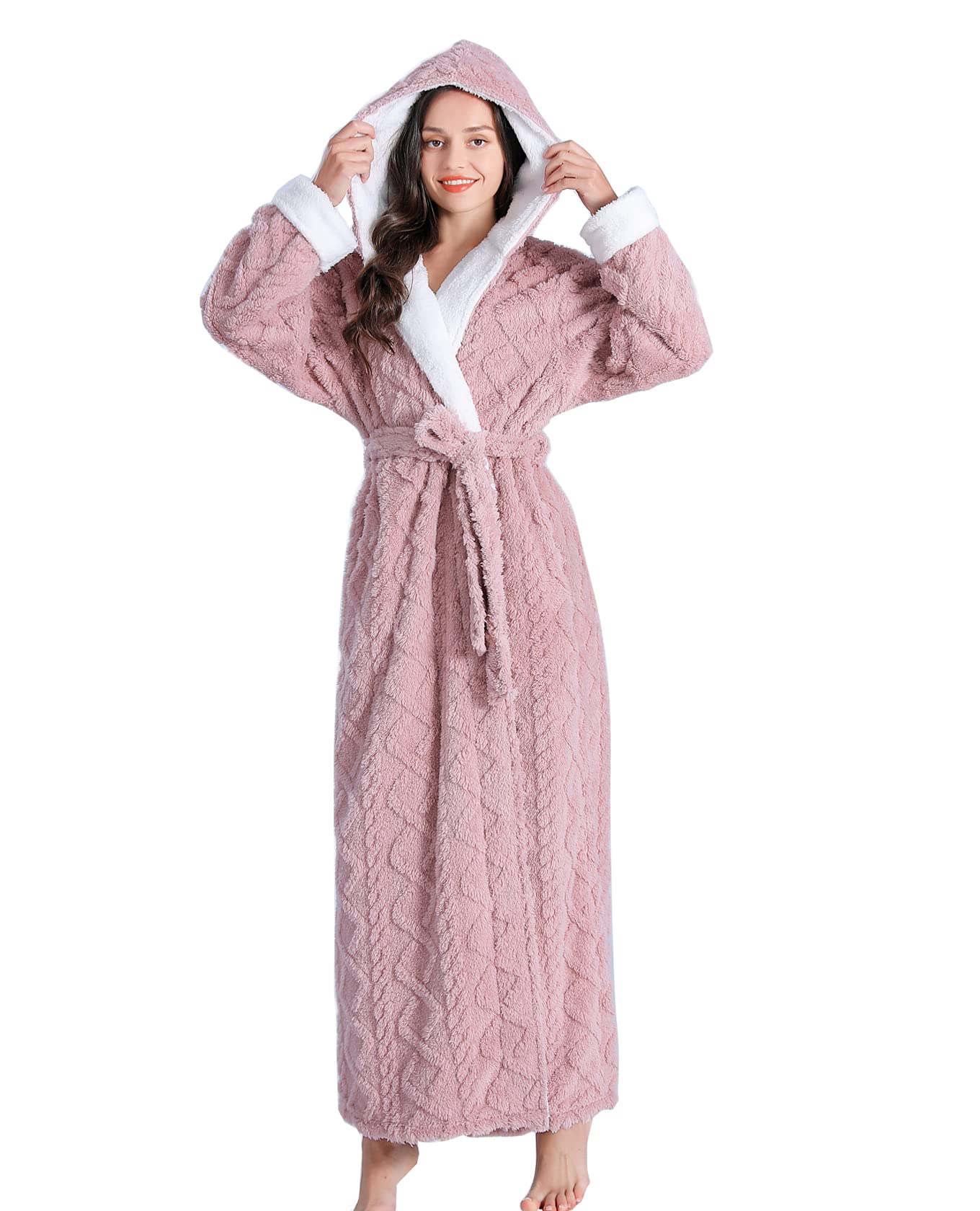 LKG women's robes long plush hooded ladies shower luxury christmas warm fuzzy robes house coat bathrobe for women full length WN420