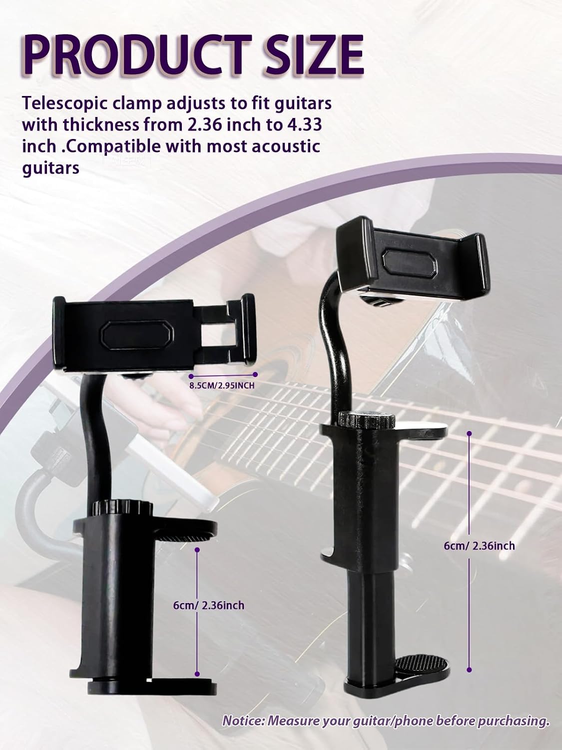 Guitar Phone Holder, Digital Sheet Music holder, Phone Clip Mount Fit for 6-10cm Thick Guitars& Ukulele, Practical Guitar Accessories for Watching Tutorials & Tabs While Playing, Easy Setup WN420
