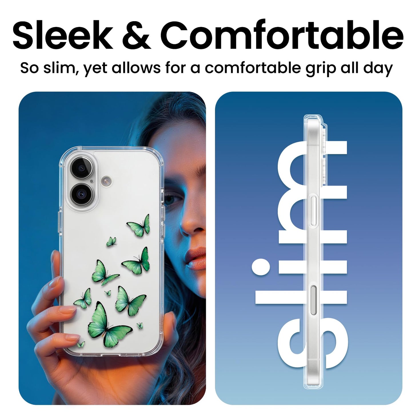 Cute Girly Crystal Clear Case Compatible with iPhone 16 Pro, Camera Control & Shockproof Protection Floral Case for Women, Blue Butterflies WN420