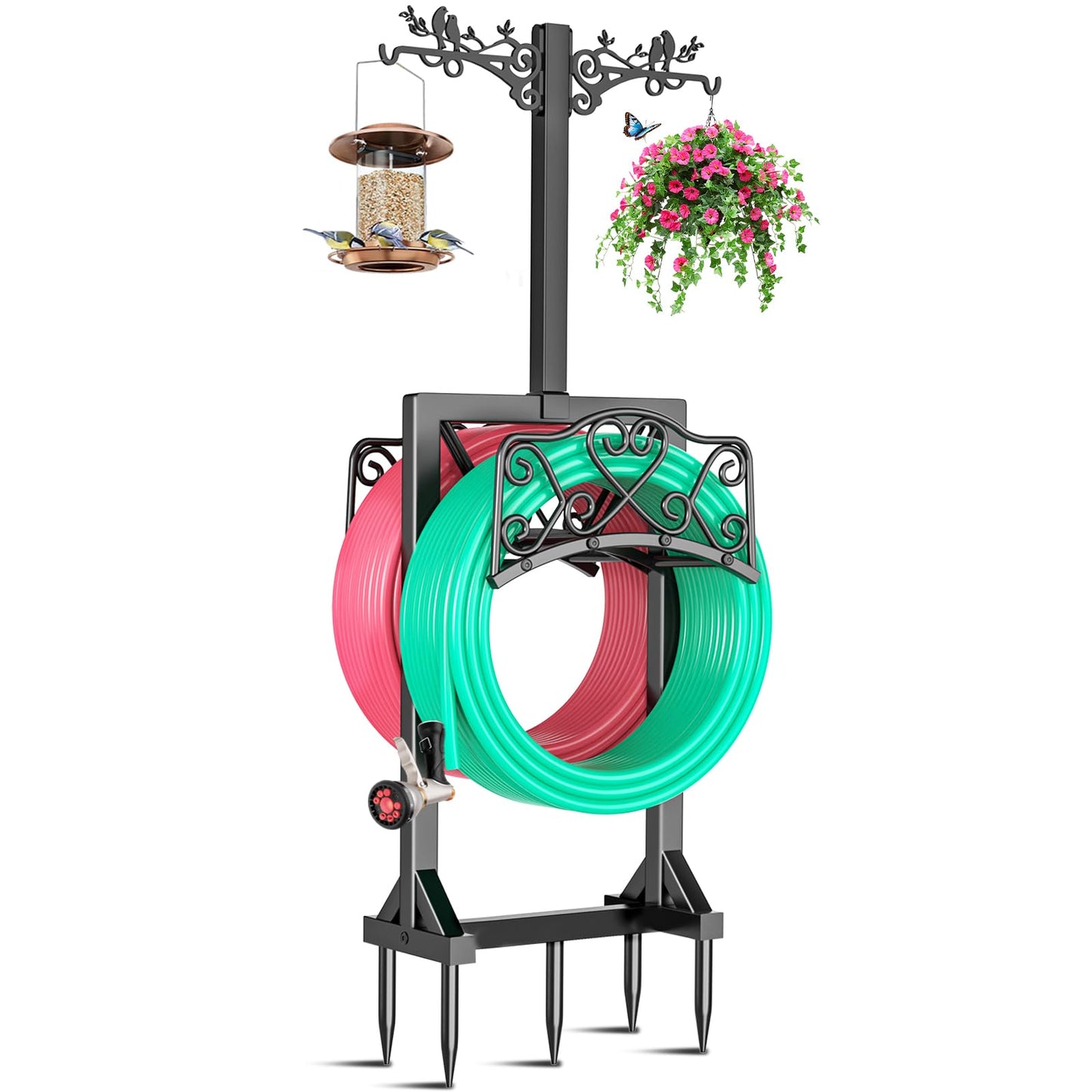 Garden Hose Holder, Freedstanding Heavy Duty Garden Water Hose Holder Stand with 2 Shepherds Hooks, Detachable Metal Hose Storage Hanger Rack for Outside Yard Lawn Farm DD1210