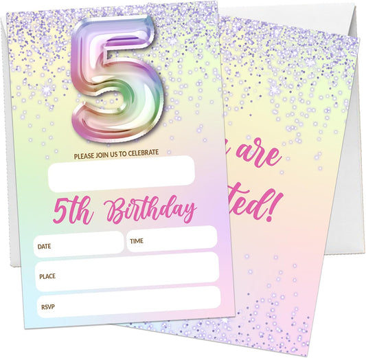5th Birthday Invitations For Girl,Purple Glitter Birthday Invites, 20 Fill-in Rainbow Balloons Invitation Cards With Envelopes, Fifth Party Decorations 4x6 Inch-D05 WN420