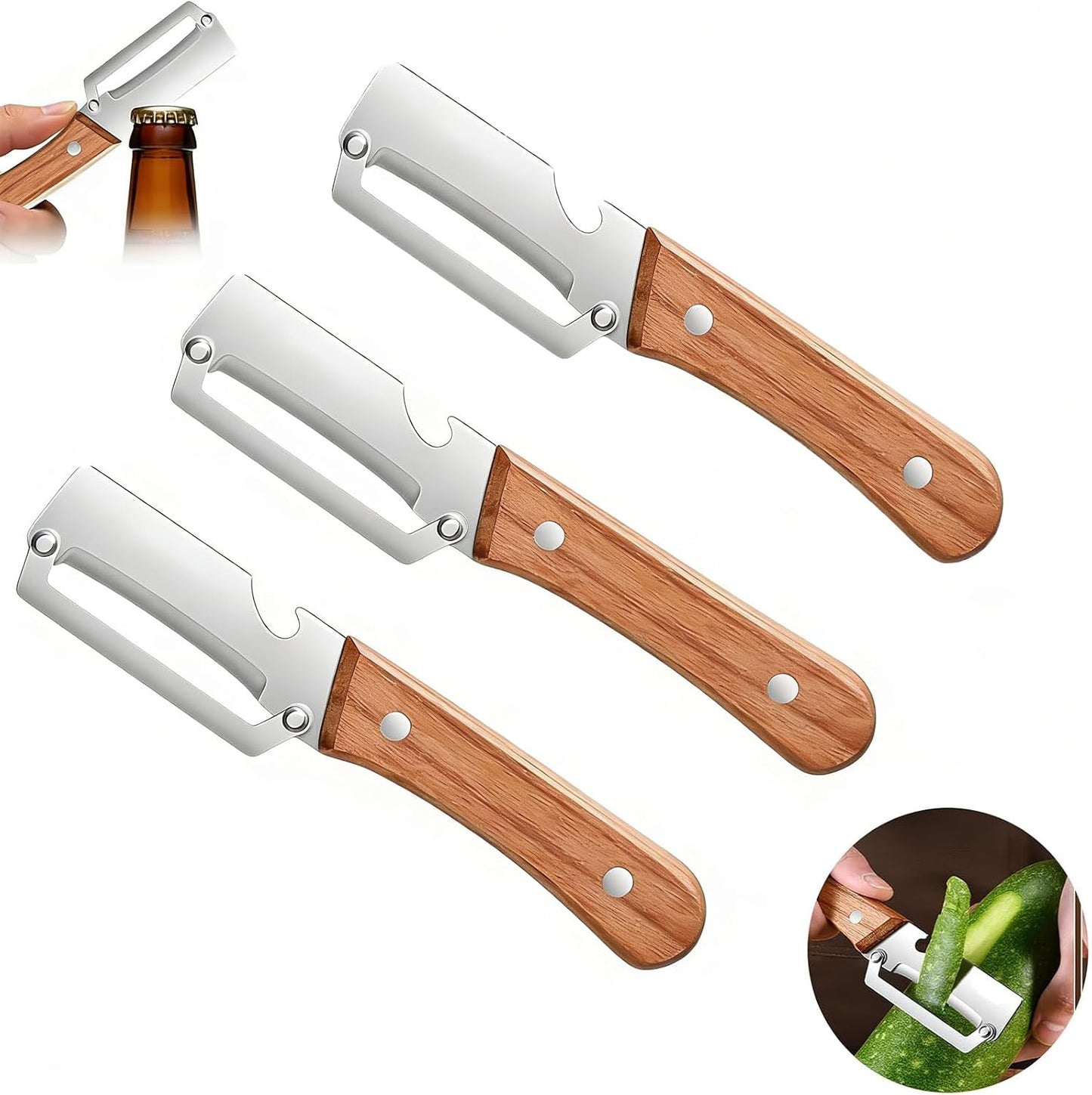 (3 PCS) 2 in 1 Multi Functional Vegetable Peeler with Wooden Handle and Bottle Opener, Stainless Steel Blade Kitchen Tool for Fruit Apple Potato Pumpkin Papaya BST326H