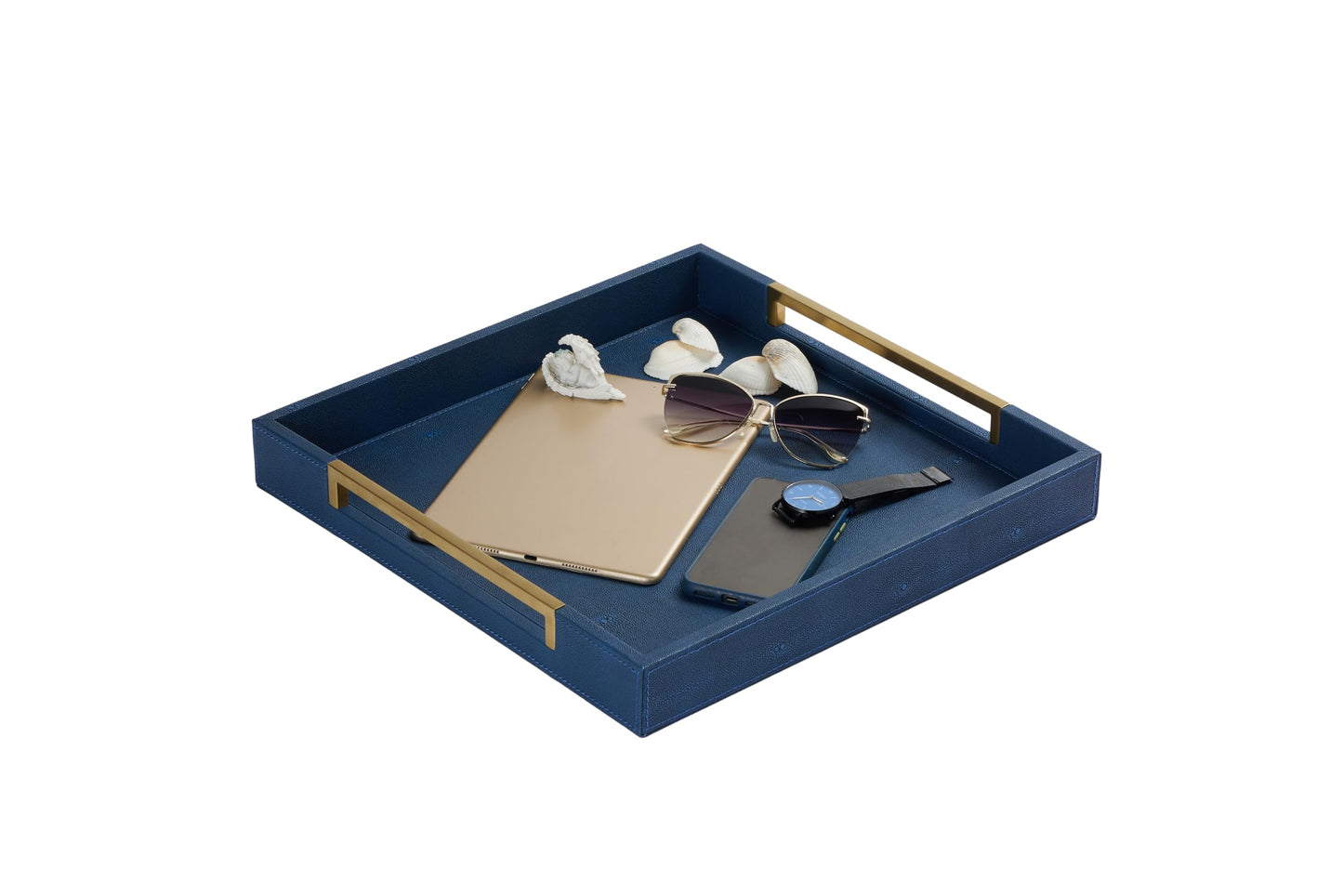 Sagala 16"x16" Ivory Shagreen Leather Serving Tray with Handles for Ottoman Coffee Table, Stylish Decorative Tray for Living Room Modern Home Decor (Ivory-Black, Square 16") BST220
