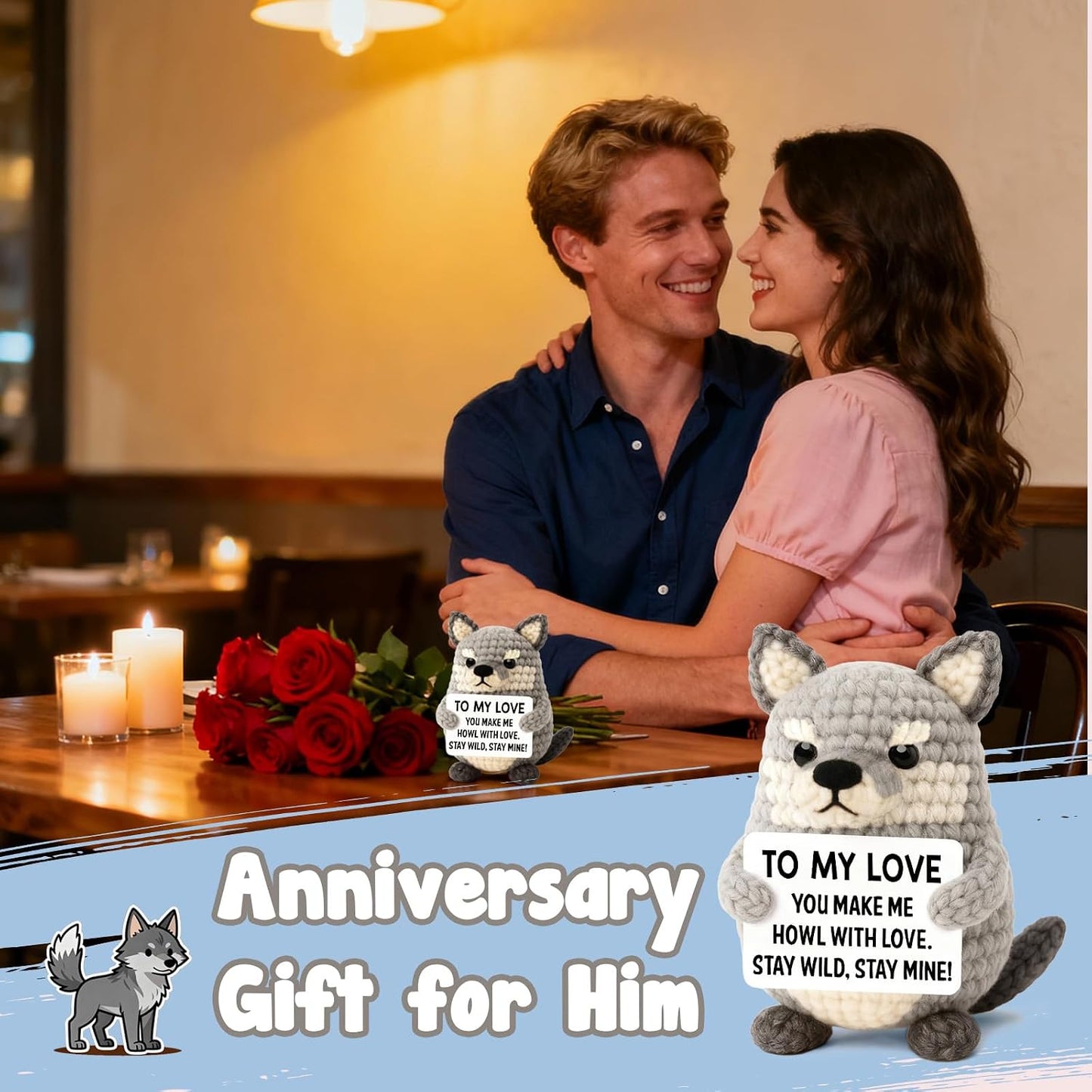 Gifts for Him Boyfriend Husband, Birthday for Men Wife Women Her, Handmade Crochet Gray Wolf Plush, Romantic Birthday Keepsake for Men Couples Wedding Anniversary WN420