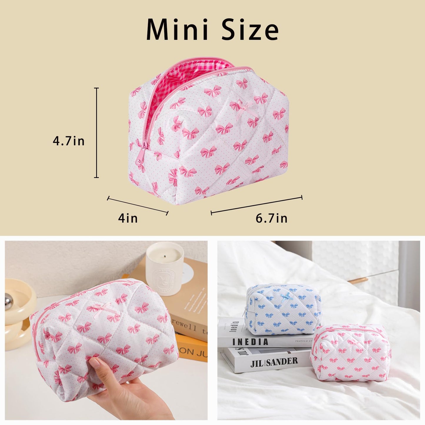 Cute Small Floral Cotton Makeup Bag, Quilted Zipper Pouch with Coquette Bear for Women and Girls, Kawaii Travel Cosmetic Bags for Purse(07Yellow and Pink Flower) BST220