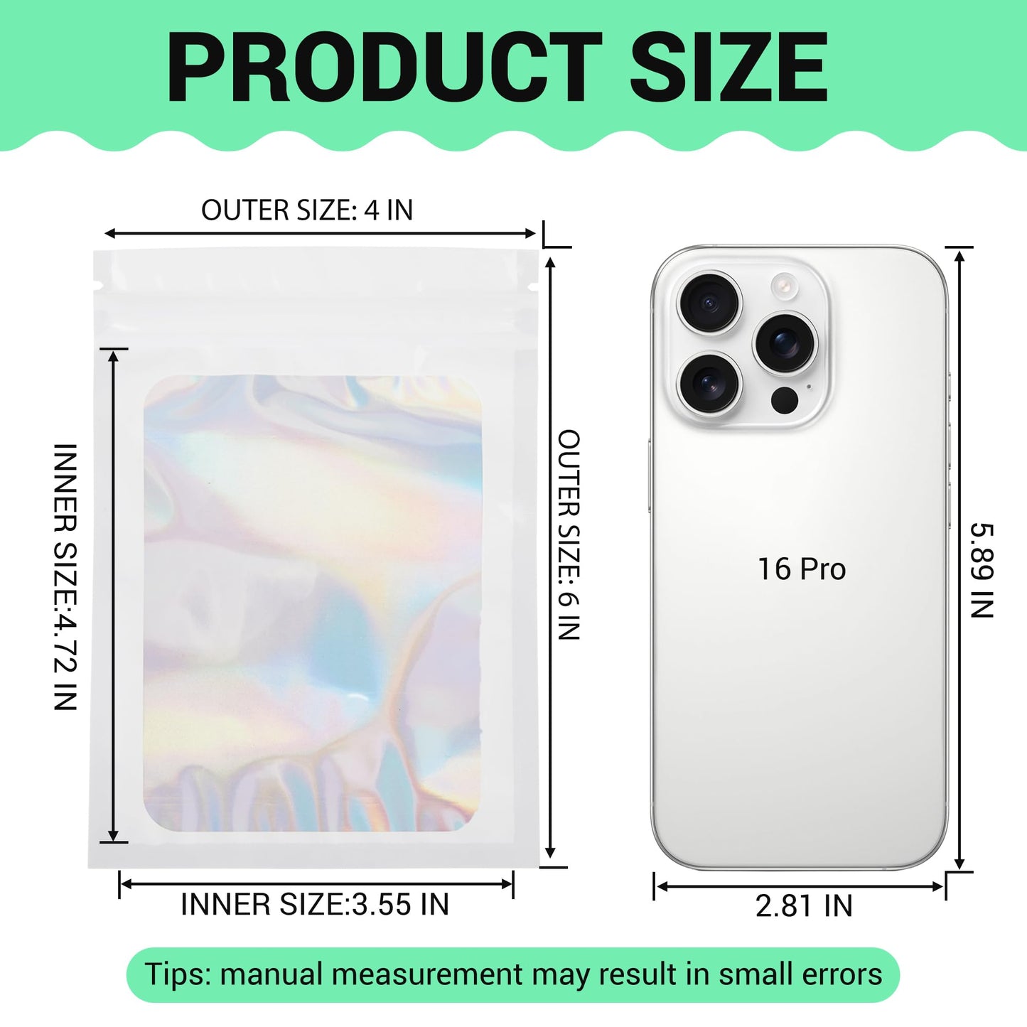 Holographic Mylar bags -100Pcs Self-Seal Resealable Zip Baggies with Clear Window, Smell Proof Laser Iridescent White 3x4.7 inch for Small Business Samples, Party favors,Snacks,Jewelry BST326L