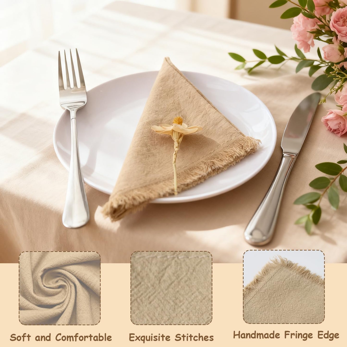 Eco Hanky 10x10in Reusable Small Cotton Napkins (Rustic Fringe), LPK,6pk | Ideal for Kids Napkins for Lunch, Suitable for Dinners, Weddings, Birthday, Cocktail Parties BST220