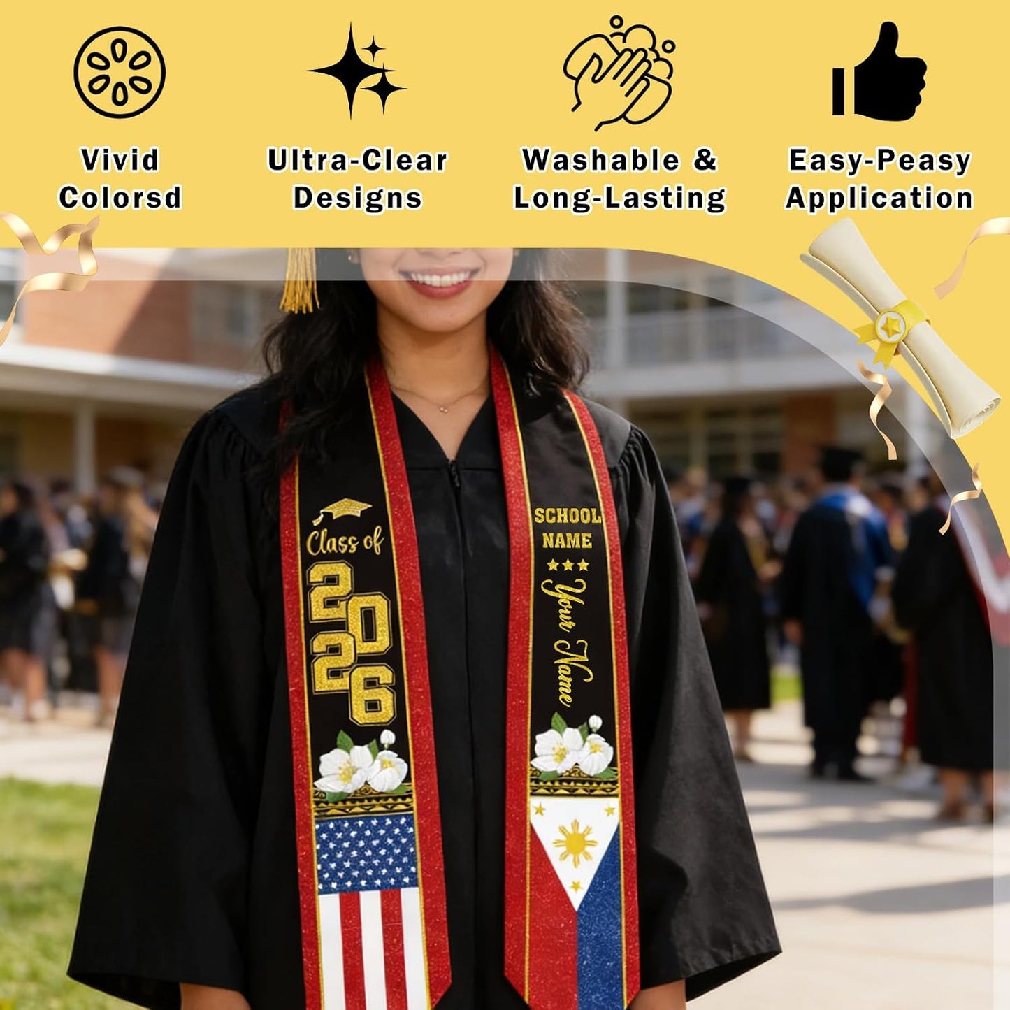 Dazoratix Filipino Graduation Stole 2026 - Philippines American Flag Sash Personalized Custom Glitter Iron on Letters Patches DIY Customize Transfer Stickers for Senior Student School Grad Decorations BST326L