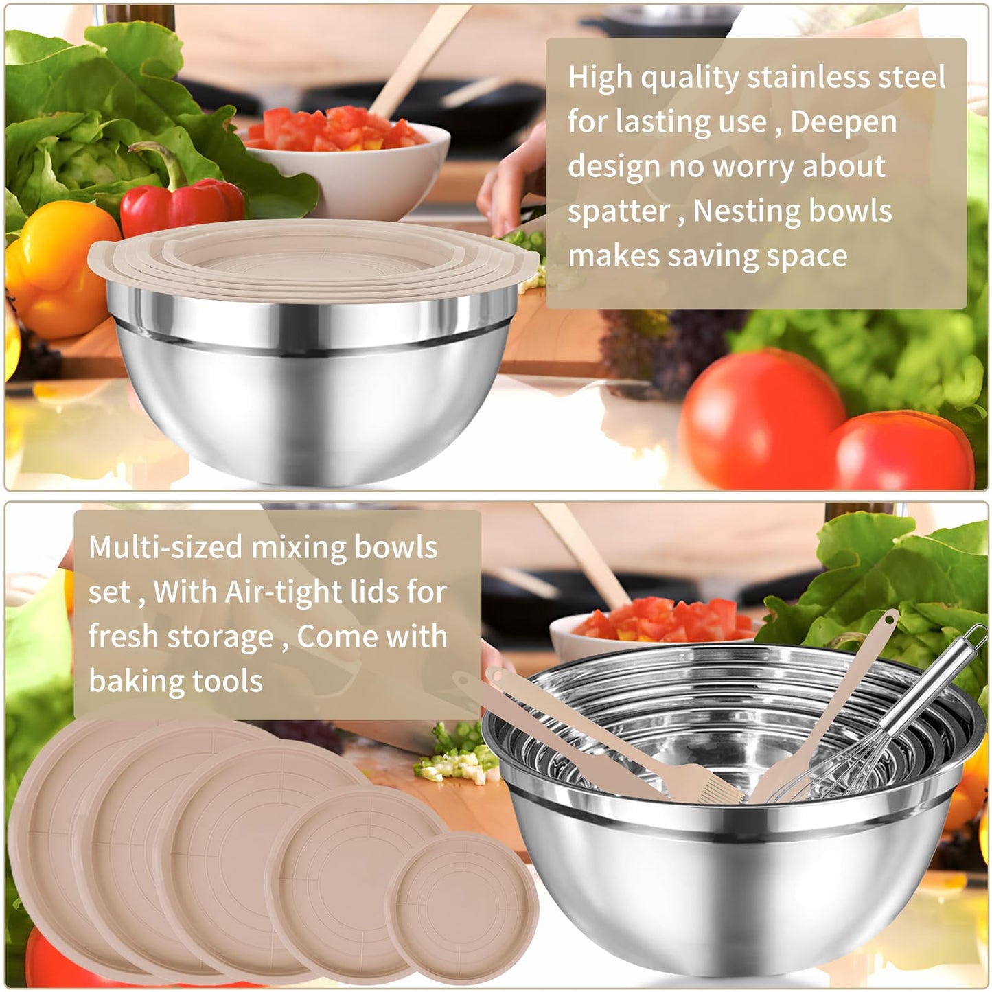 WEPSEN Mixing Bowls Set, 25PCS Stainless Steel Mixing Bowl with Lid Set, Large Nesting Bowls 7, 4.5, 3,2, 1.5QT, Measuring Cups and Spoons Baking Utensils Metal Bowl for Kitchen Prep BST220