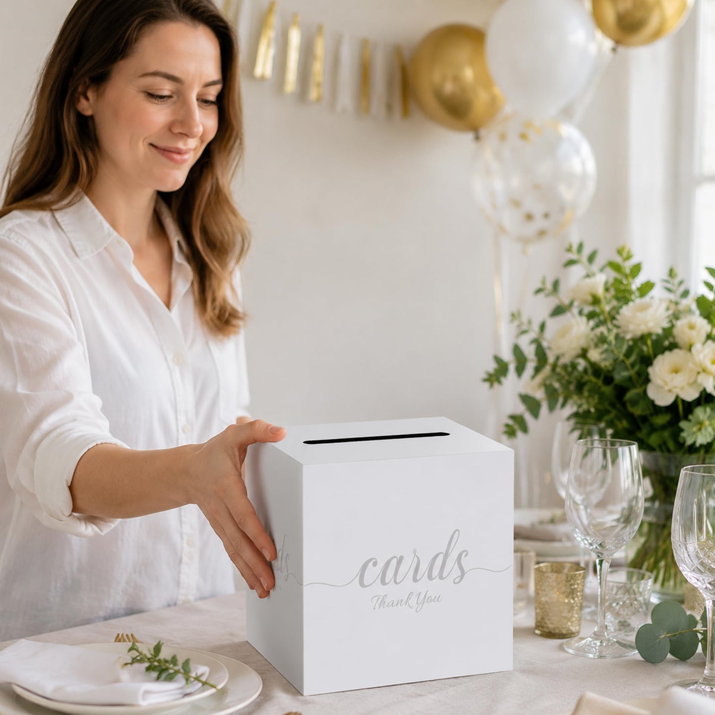 1 Pack White and Gold Wedding Card Box for Party Graduation Bridal Baby Shower Retirement Decorations Cardboard Birthday Card Holder Raffle Ballot Voting Box with Slot 7.8 x 7.8 x 7.8 In BST220