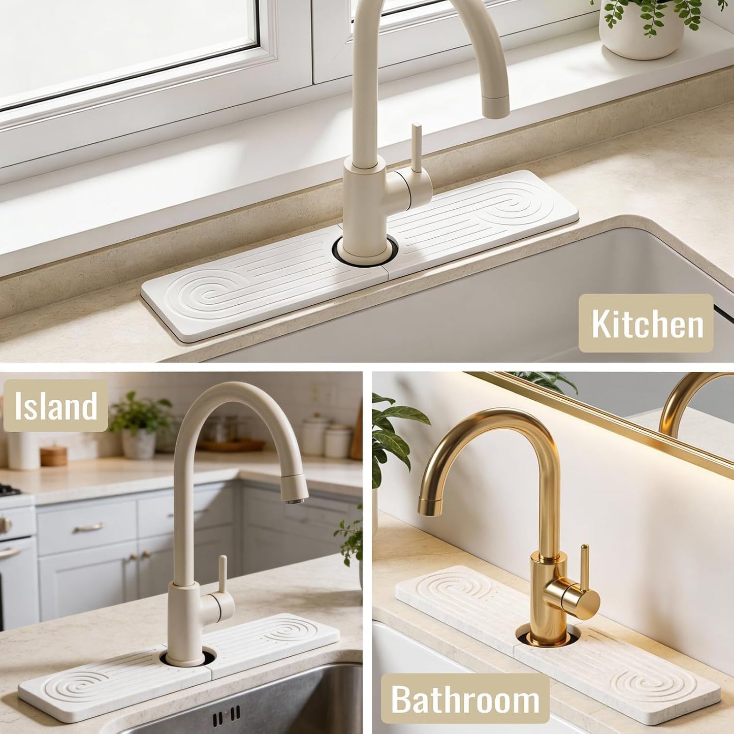Hopegiver Stone Faucet Mat for Kitchen Sink - Fast Drying Diatomite Sink Protector Prevent Moisture, Super Water Absorbing Stone Tray for Kitchen & Bathroom Counter (White, 15.7"x3.9") BST326H