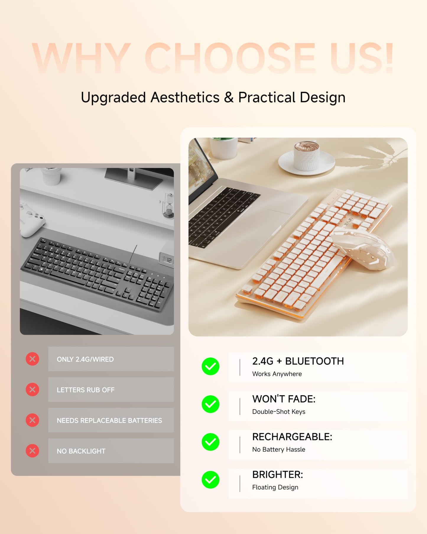 V3 Wireless Keyboard and Mouse with Single Backlit, Metal Panel, Bluetooth/2.4G Rechargeable Computer Keyboard and Mouse Combo Silent Lighted Full Size Cute Keyboards-White