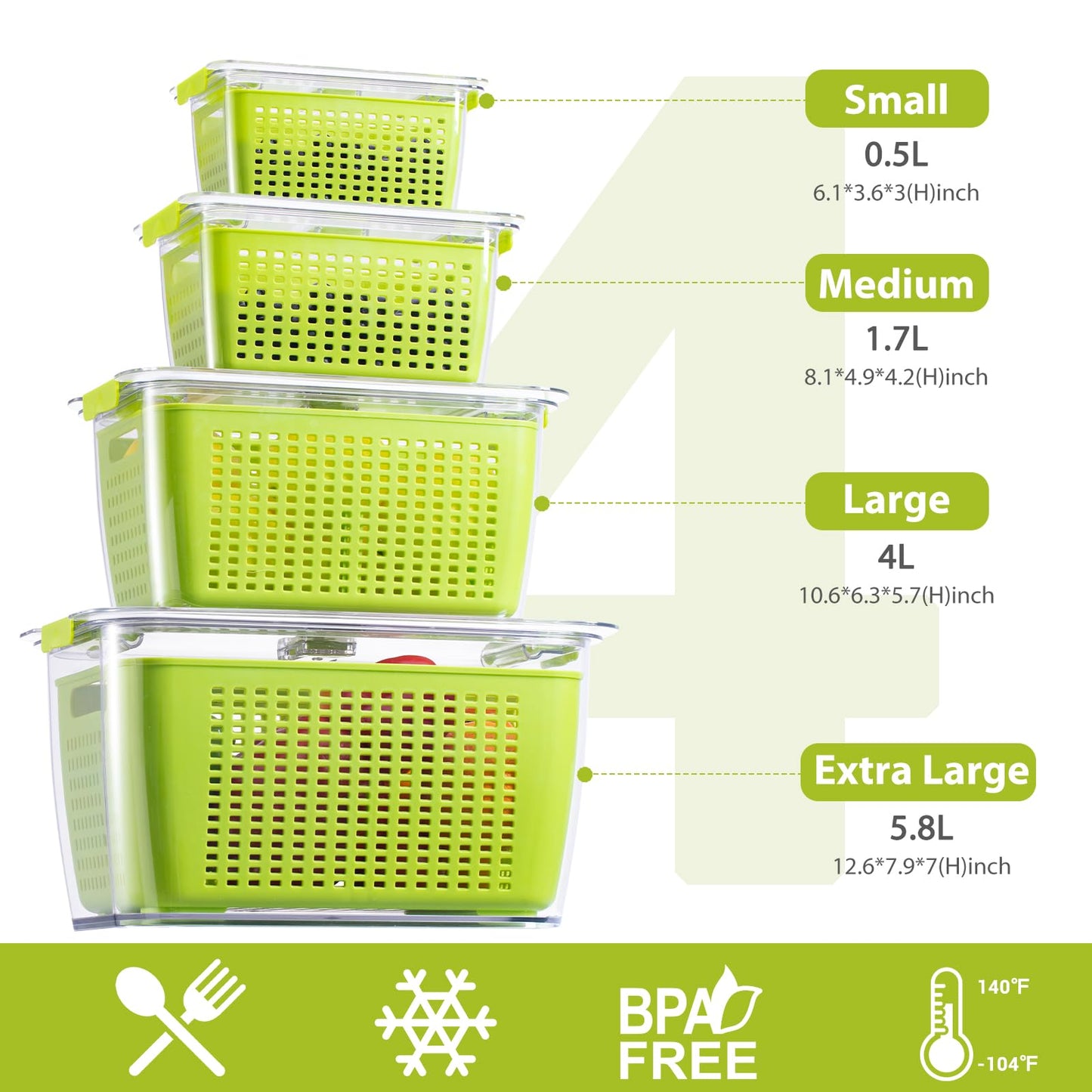 LUXEAR 4 Pack Fruit Vegetable Containers for Fridge, Produce Saver Container with Lids &Removable Colander BPA-free Refrigerator Storage Organizer for Fruit Vegetable, Berry, Meat keep Fresh Longer DD1210