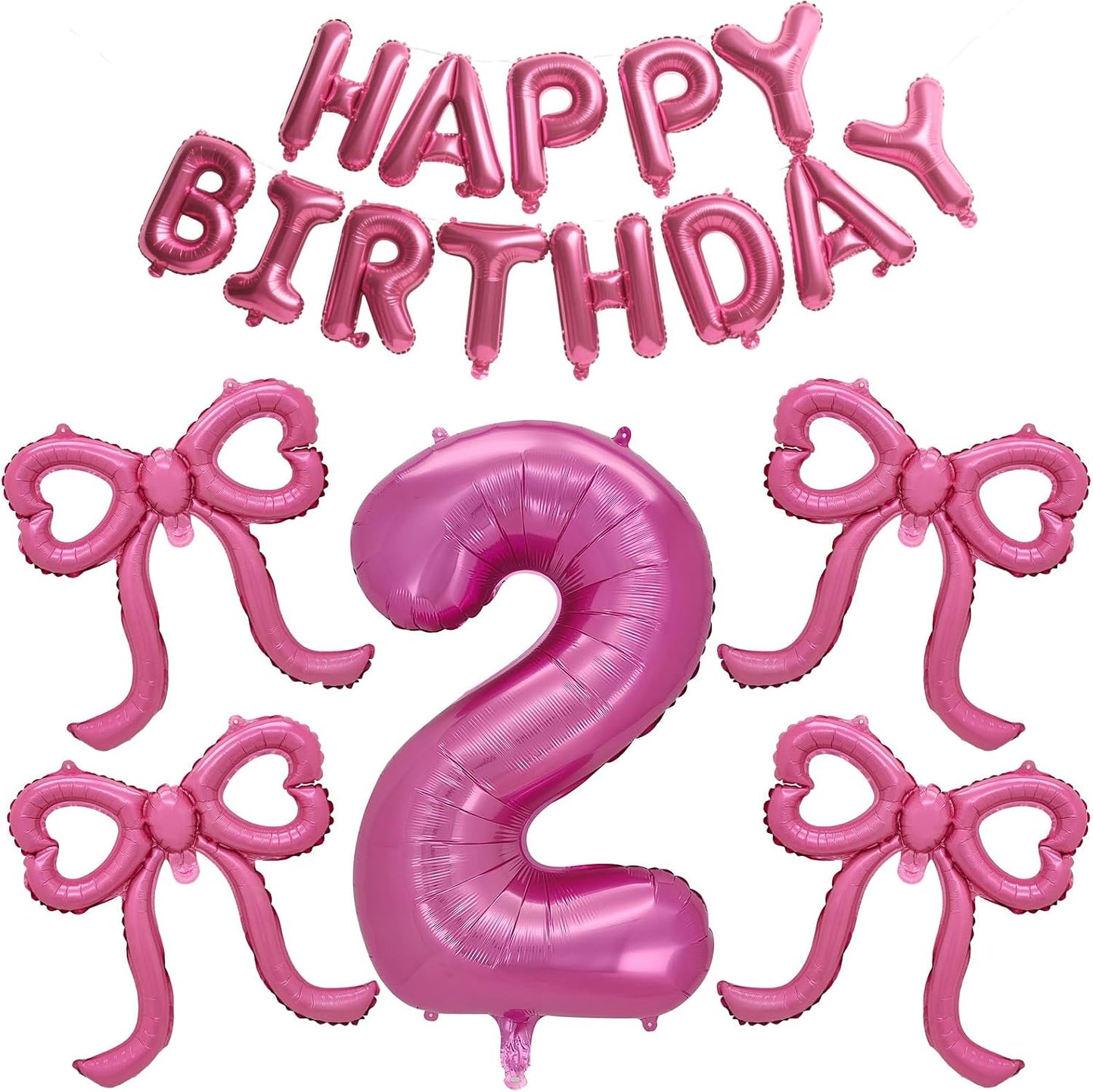 Pink Happy Birthday Balloons Banner, Giant Pink Bow Foil Balloons Number 2 Balloon Party Decor for Girls 2nd Birthday BST220