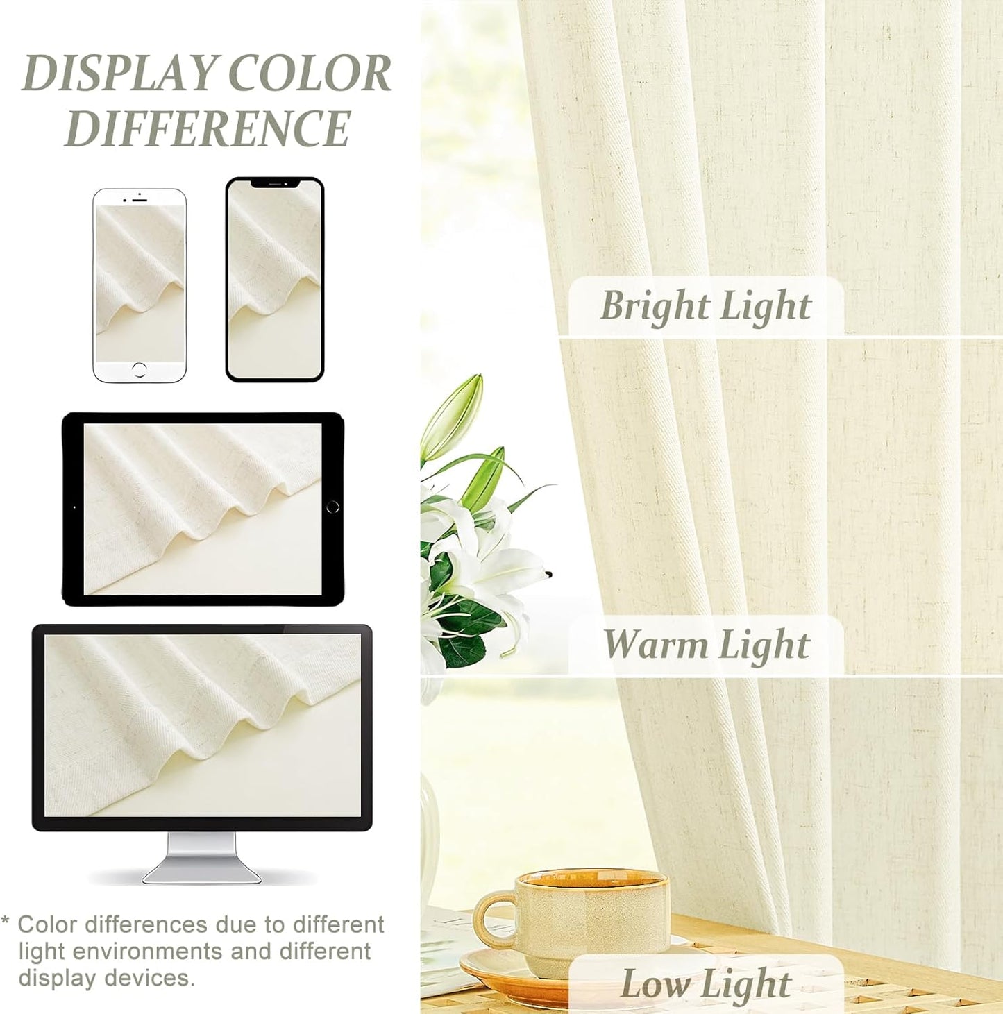 PANGSINNE Beige Linen Curtains Pinch Pleated - 84 Inches Long Semi Sheer Curtains for Living Room with Rings Back Tab 2 Panels Set Light Filtering Farmhouse Drapes