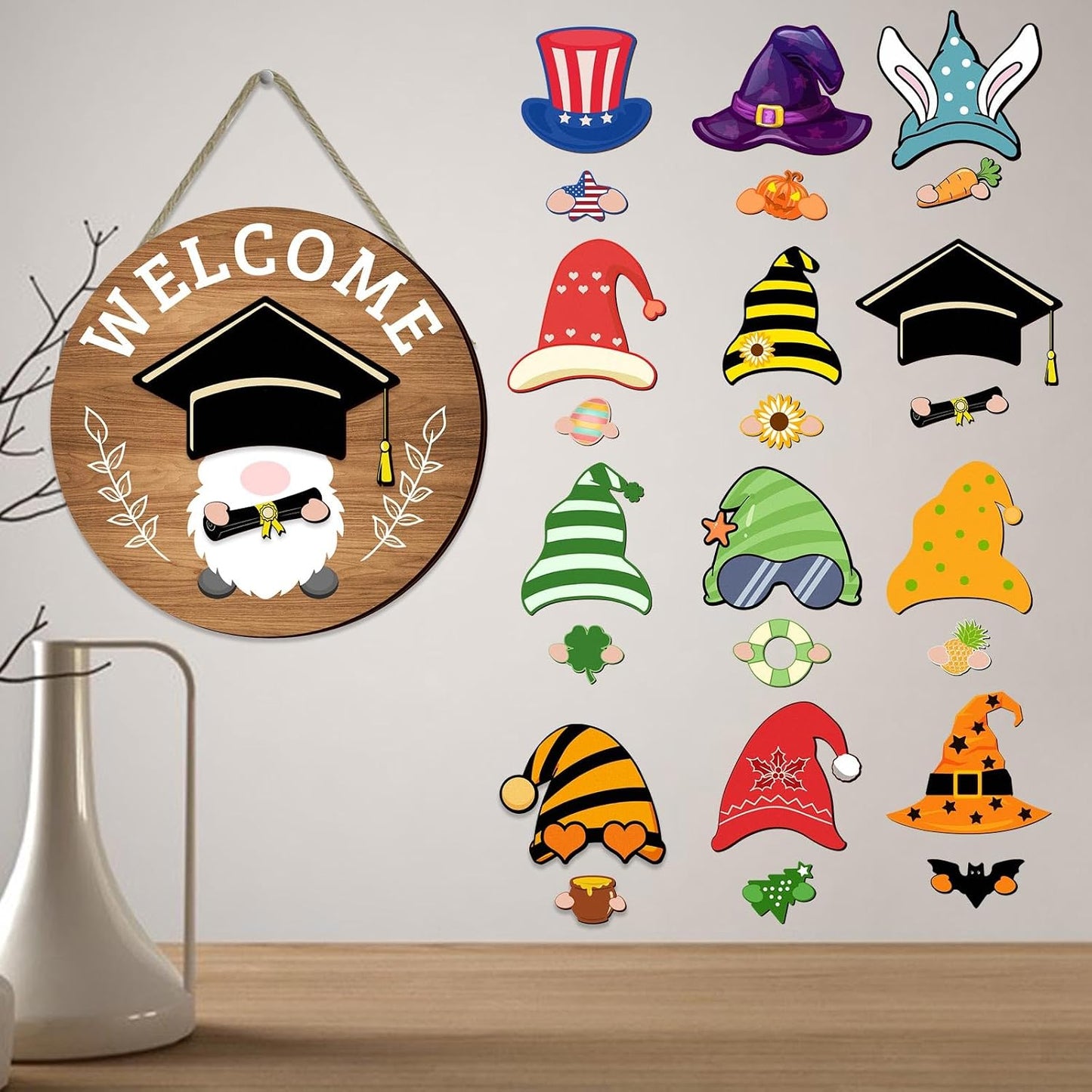 Interchangeable Seasonal Welcome Sign Front Door Decoration,Rustic Round Wood Wreaths Wall Hanging Outdoor Decor for Spring Summer Autumn and Winter All Seasons Holiday Halloween Christmas(Elf) BST326H