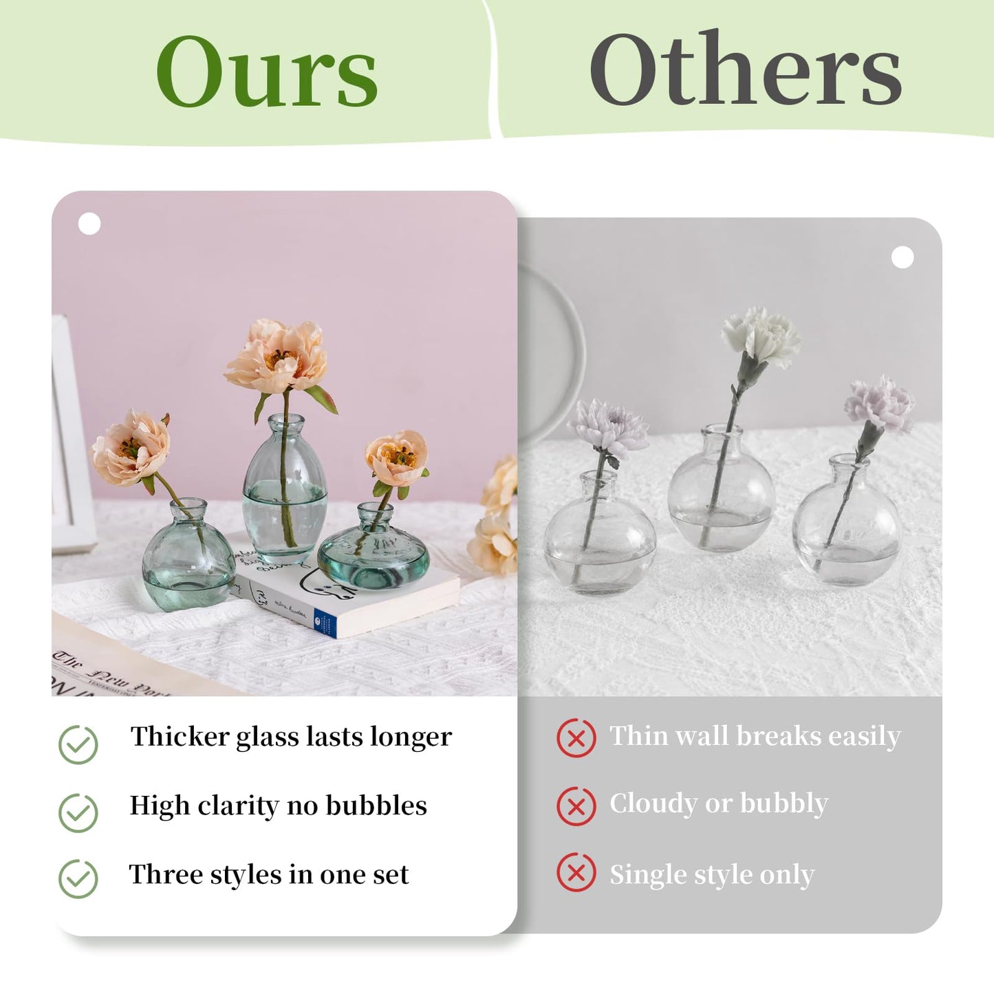 Glasseam Clear Glass Bud Vase, 3Pcs/Set Modern Decorative Small Mini Flowers Vases Short Minimalist Aesthetic Home Decor Vintage Cute Handmade Tiny Wedding Table Centerpieces for Single Flower Rose BST326H