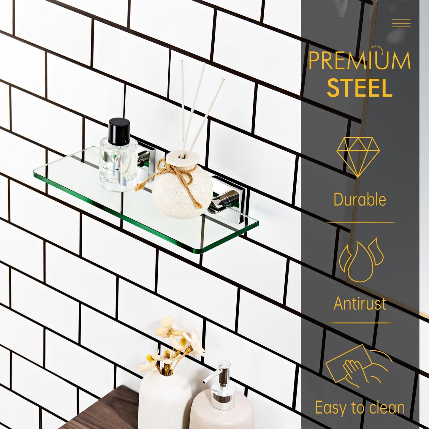 KOKOSIRI Glass Shelf for Bathrooms Floating Shelves Wall Mount 16-Inch for Shower Storage Kitchen Rack, 2 Pack Brushed Stainless Steel B1107BR-L16-P2 BST202