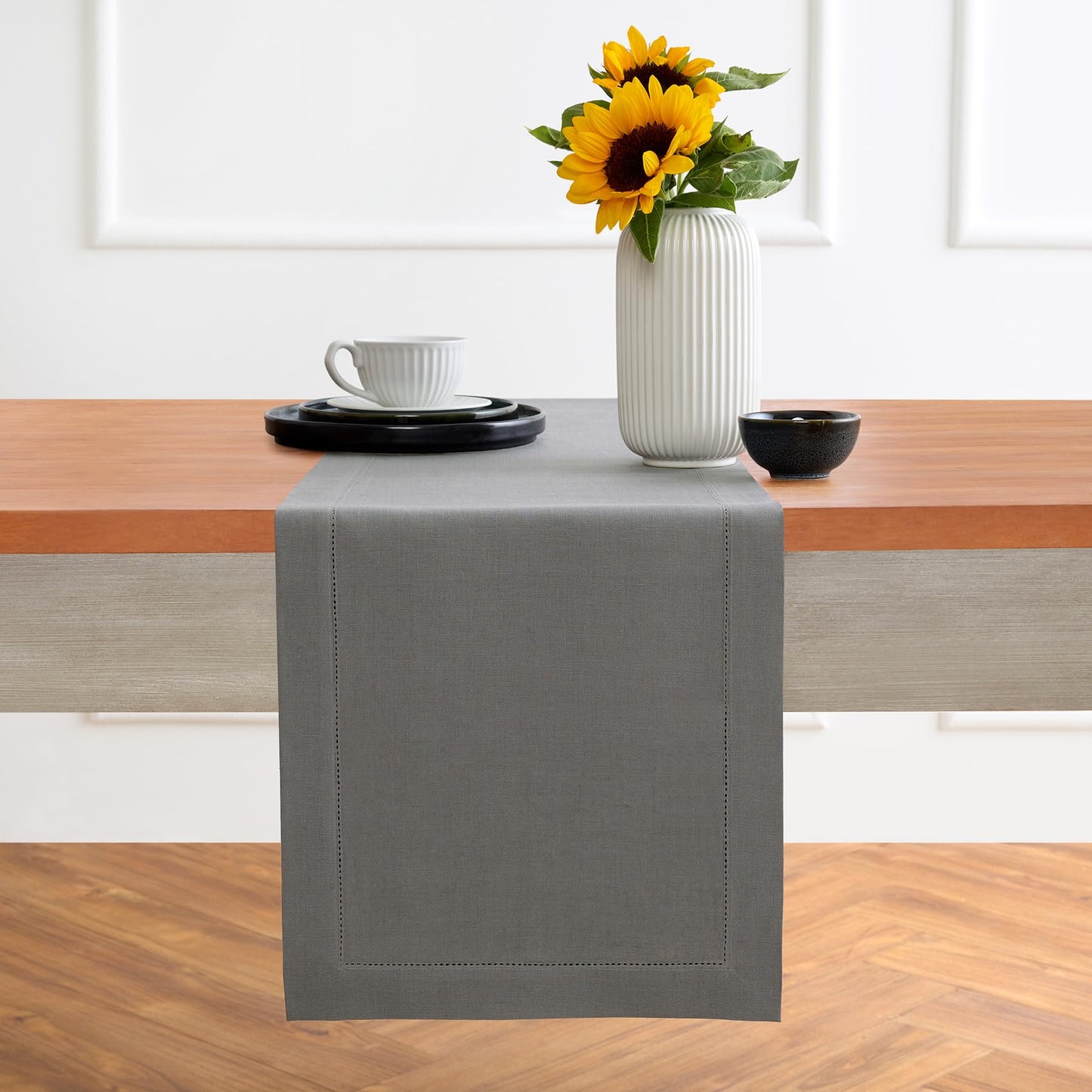 Solino Home 100% Pure Linen Table Runner Garden Green Hemstitch, 14 x 48 in | Classic Hemstitch Table Runners for dining, hallway and console table styling | hand hemstitched borders | OEKO-TEX Certified BST326SOLH