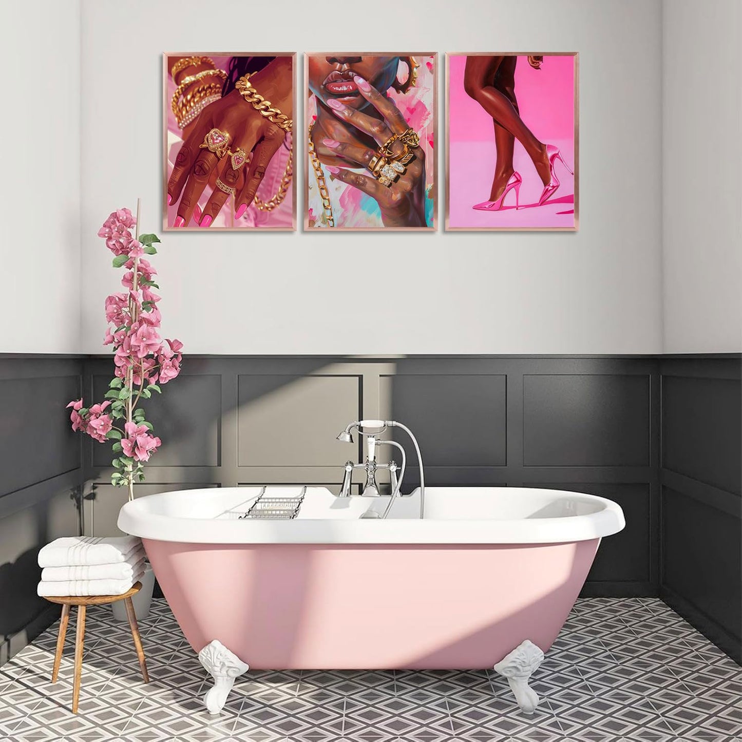 3Pcs Pink Fashion Black Girl Canvas Wall Art African American Black Woman Wall Decor Pictures Gorgeous Black Girl Posters Prints for Living Room Bedroom Artwork Home Decoration Unframed BST326H