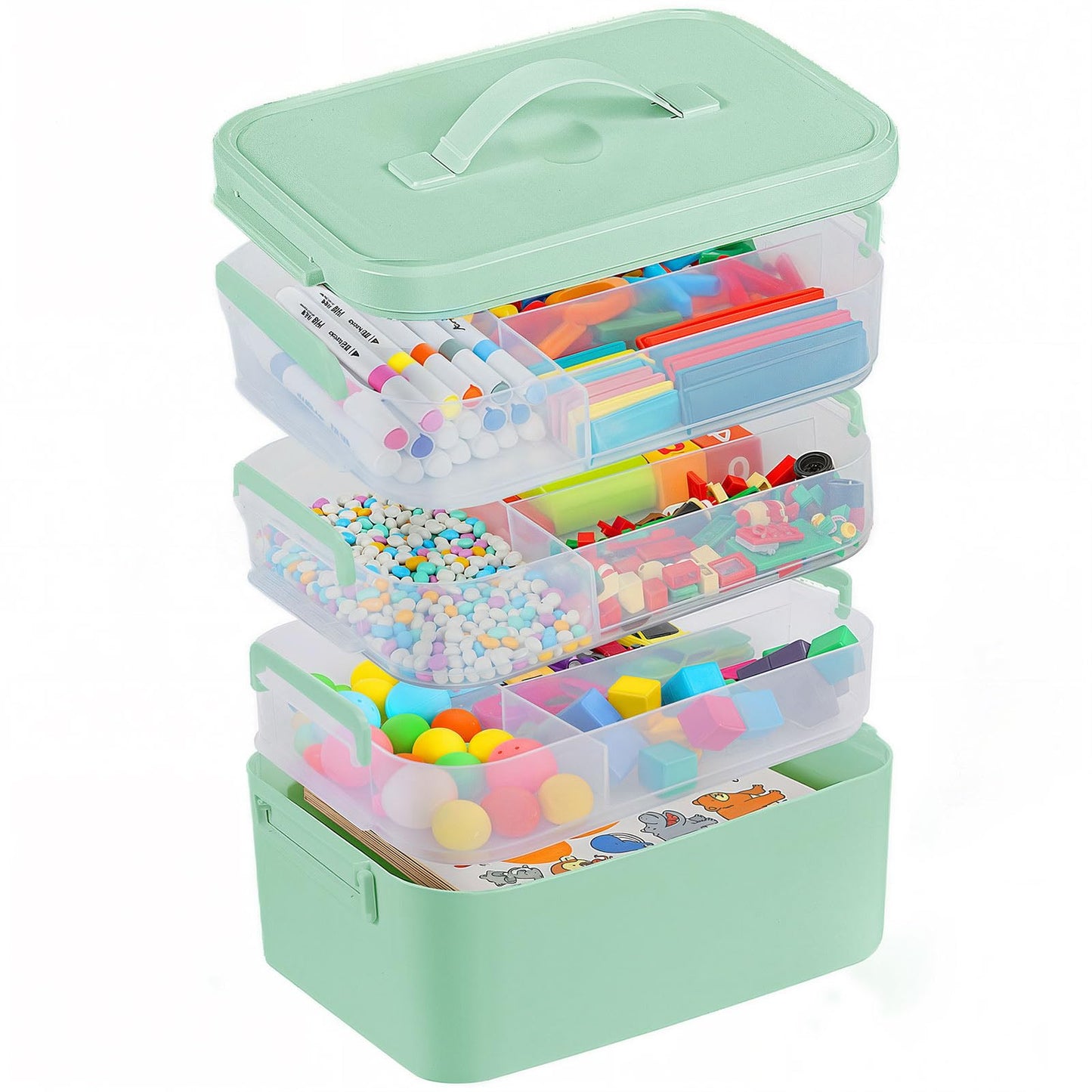 Gifhomfix 4-Layer Plastic Craft Organizers and Storage Box with Removable Trays, Storage Containers with lids and Handle, Art Supply Storage Organizer for Organizing Bead, Sewing, Tool（Green） BST220