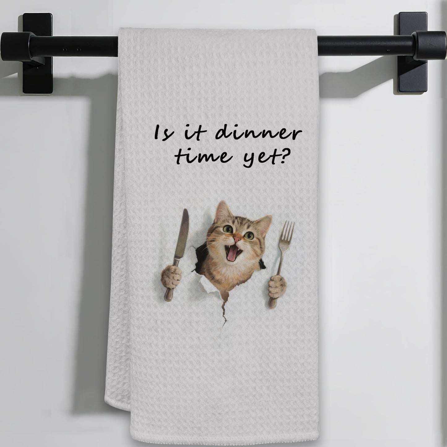 Funny Cat Gifts Kitchen Towels, Cute Cat with Knife and Fork Microfiber Dish Tea Towel for Kitchen Decor, Funny Cats Cooking Decor, is It Dinner Time Yet, 16x24 Inch BST220