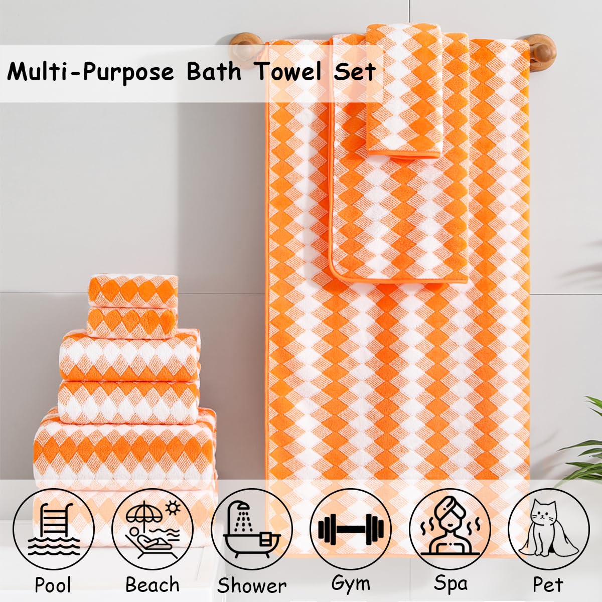 12 Pcs Light Gray Diamond Towel Set-4 Bath Towels,4 Hand Towels,4 Washcloths Soft Polyester Towels with Loop Absorbent Shower Towel Quick Dry Beach Chair Towel Family Towels for Bathroom Spa Gym Pool BST220