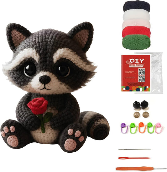 Morcolplus Woodland Raccoon Crochet Kit for Beginners & Adults, Amigurumi Forest Animal Crochet Starter Kit with Video Tutorials, DIY Yarn Craft Kit, Handmade Cozy Room Decor Gift BST220