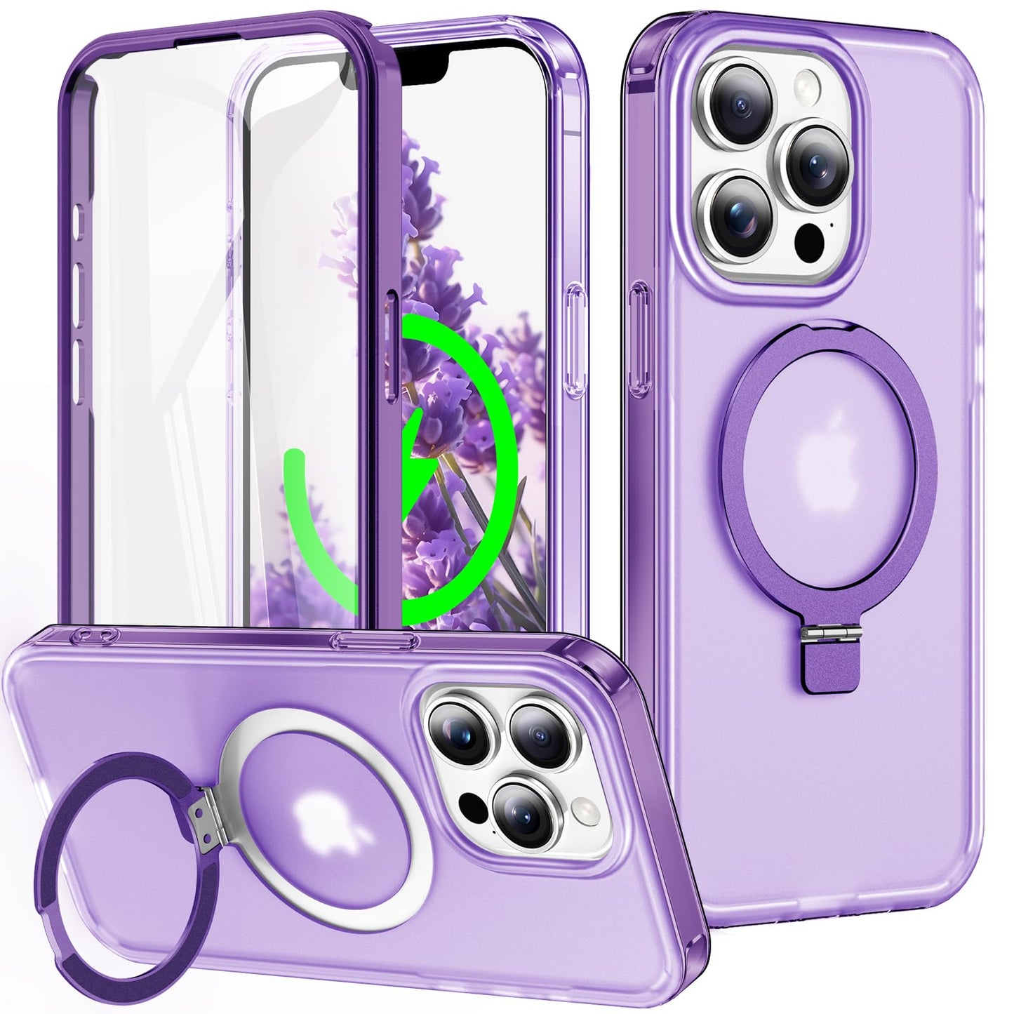 for iPhone 13 Pro Full Body Shockproof Case with Magnetic Invisible Stand [Compatible with MagSafe] Built-in Screen Protector Military Drop ProtectionTranslucent Phone Cover -Hot Pink WN420