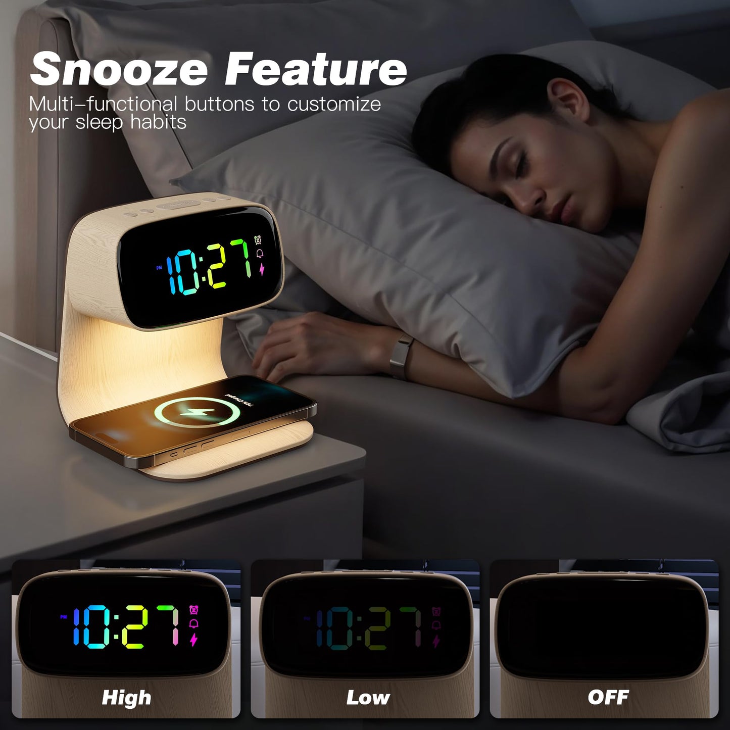 Digital Alarm Clock with Wireless Fast Charging Station 15W Touch Smart Lamp for Bedside,3 Colors Nightlight Adjustment Night Lamp for Living Room,Bedside,Heavy Sleepers (Woodgrain+Cable&Adapter) BST220