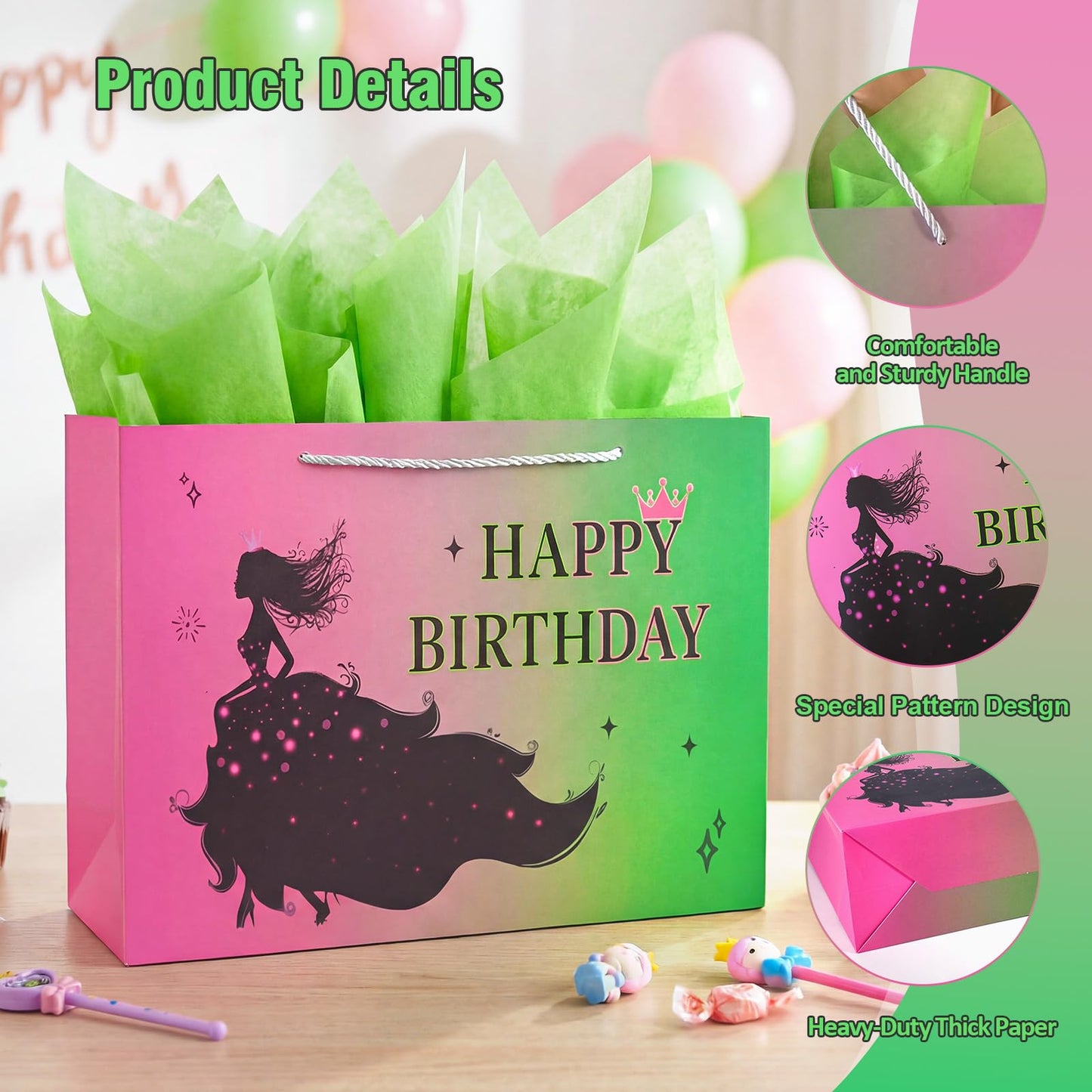 Kecorax Birthday Gift Bag for Women, 14" Large Birthday Bags Set for Girls with Tissue Paper, Card and Ribbons, Suitable for Birthday-themed Parties BST220