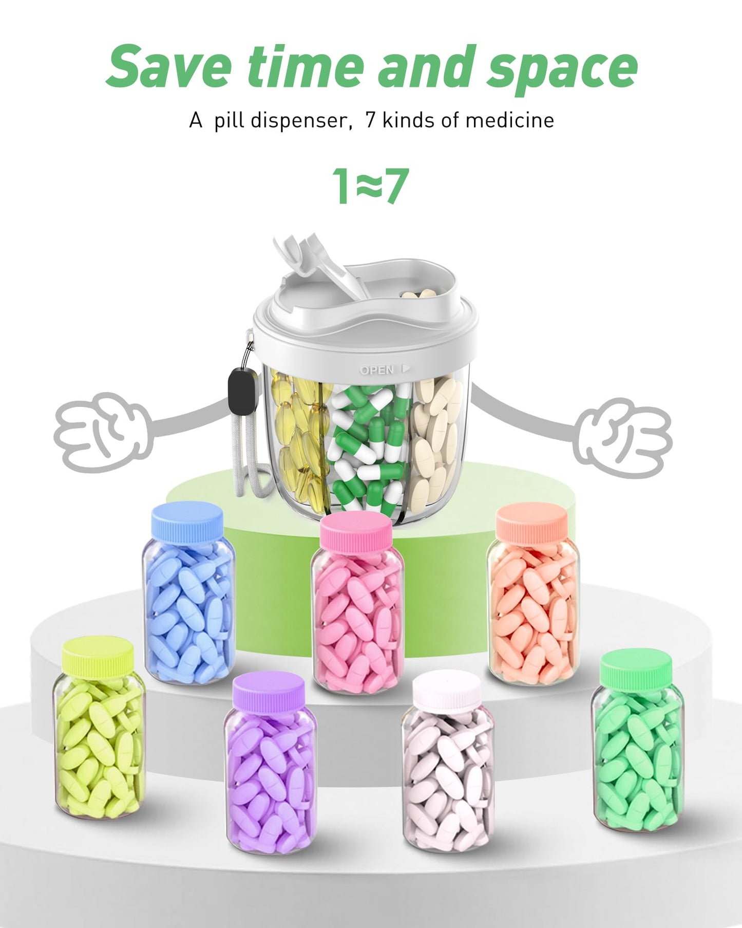 Cute Pill Organizer,Pill Dispenser with 7 Large Compartments,Portable Pill Bottle Box with Wide Opening for Easy Use, Anti-Mix Pills Organizer for Travel,Includes 20 Pcs Sticky Labels(Black) WN420