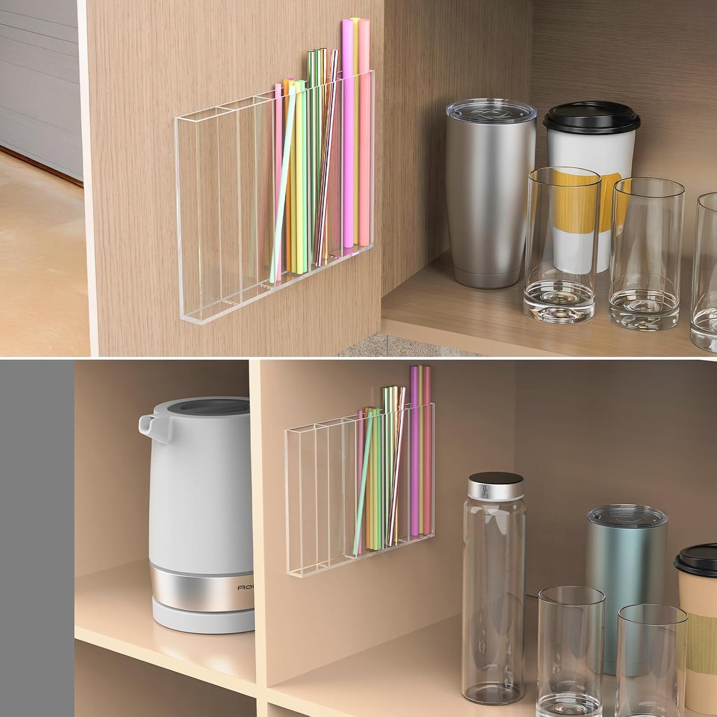 NiHome 10” Large Clear Acrylic Straw Holder for Cabinet Door – Fully Enclosed Straw Organizer for Cabinet Doors or Countertops, Ultra Sticky Mount, Space-Saving Kitchen Accessories Container BST326H