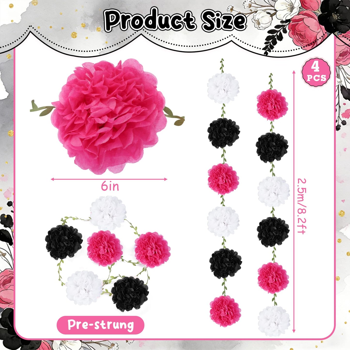 kreat4joy 4pack Pink Purple Tissue Paper Pom Poms Flowers Garland Leaf Ribbon 98.42inches Pre-Strung Reusable Ceiling for Birthday Baby Shower Wedding Bridal Shower Home Event Wall Party Decoration BST220