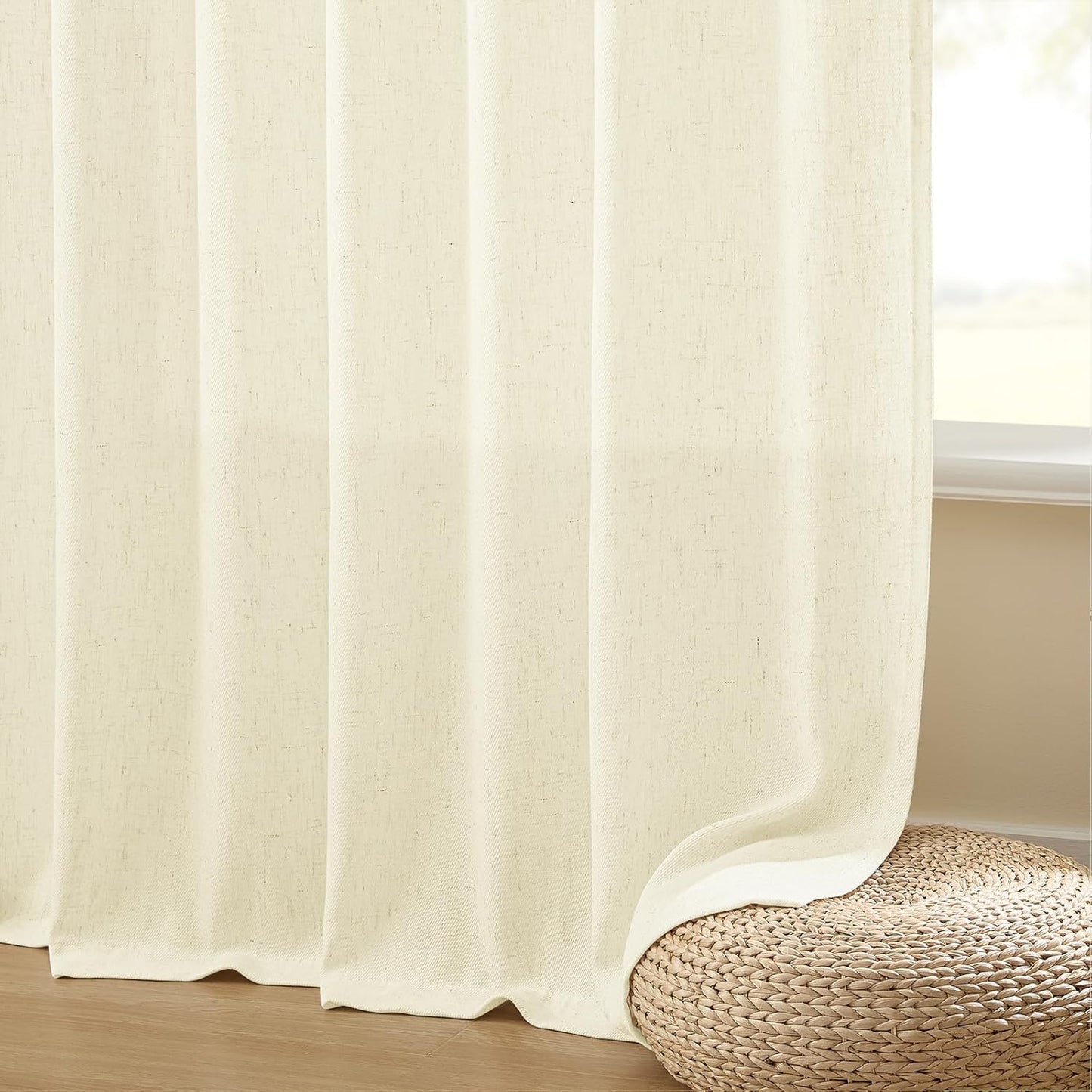PANGSINNE Beige Linen Curtains Pinch Pleated - 84 Inches Long Semi Sheer Curtains for Living Room with Rings Back Tab 2 Panels Set Light Filtering Farmhouse Drapes