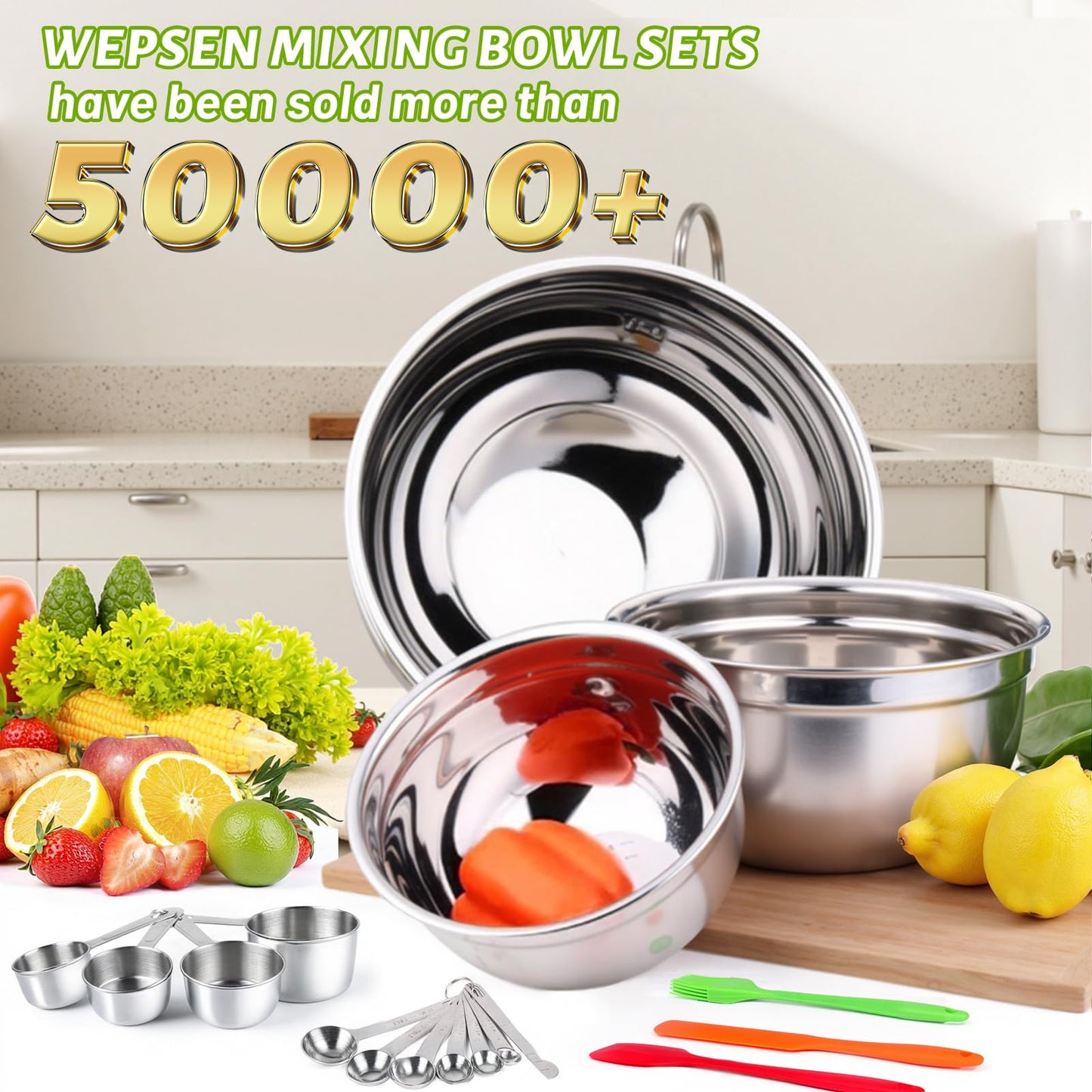 WEPSEN Mixing Bowls Set, 25PCS Stainless Steel Mixing Bowl with Lid Set, Large Nesting Bowls 7, 4.5, 3,2, 1.5QT, Measuring Cups and Spoons Baking Utensils Metal Bowl for Kitchen Prep BST220