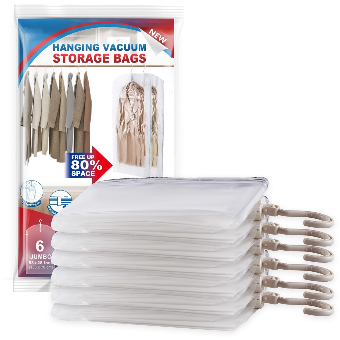 Hanging Vacuum Storage Bags, 6 Pack Hanging Storage Bags for Clothes With Electric Pump N27