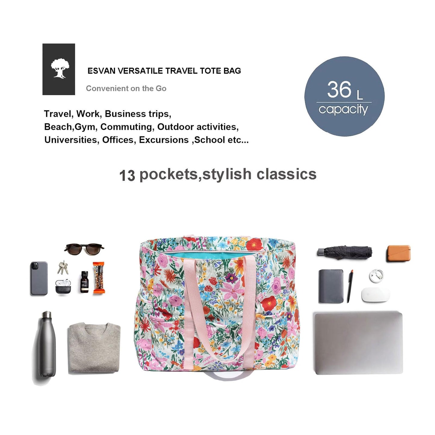 ESVAN Utility Tote Bag Weekender Duffle Bag with 13 Pockets - Perfect for Travel, Work, Gym, Beach, Teachers, and Nurses BST326H