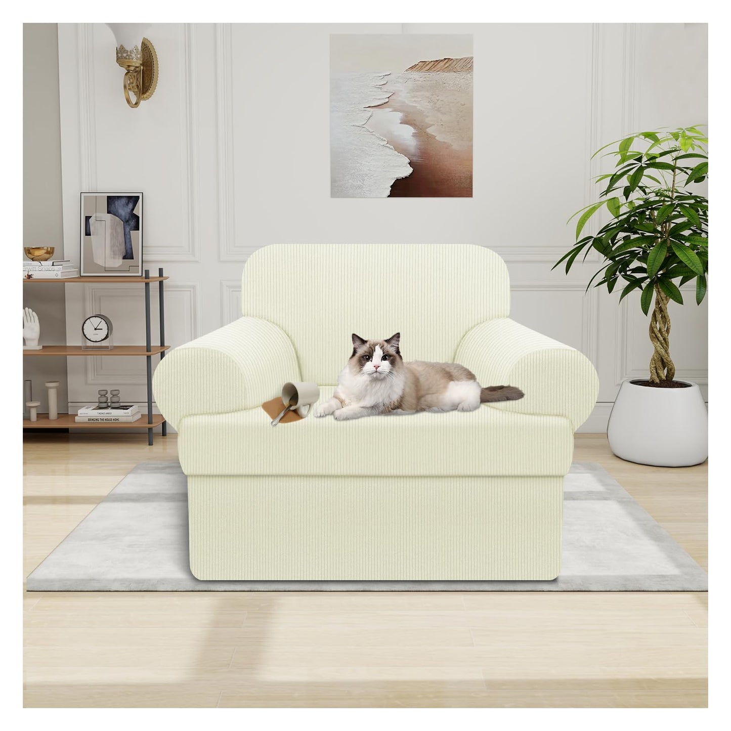 Waterproof Chair Cover with Arms 2-Piece Set Striped Slipcover for 1 Separate T Cushion Couch - TPU Fabric Armchair Covers Leakproof Couch Protector for Kids, Pets(Chair, Beige) BST220