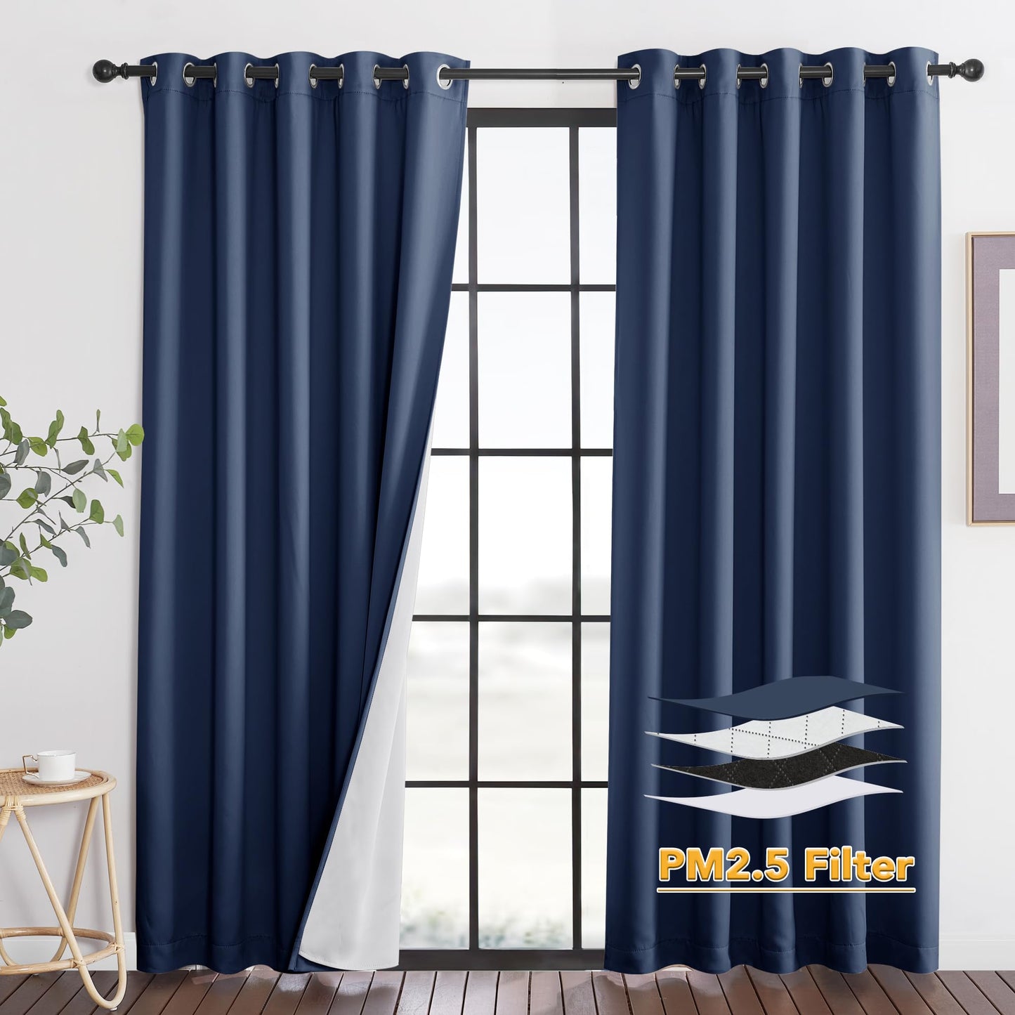 RYB HOME 4-in-1 Dust Filtering Soundproof Blackout Insulating Privacy Window Curtains for Nursery Bedroom Living Room Rivider Sound Absorption Sheet, Black, W52 x L90 inch, 2 Panels BST220