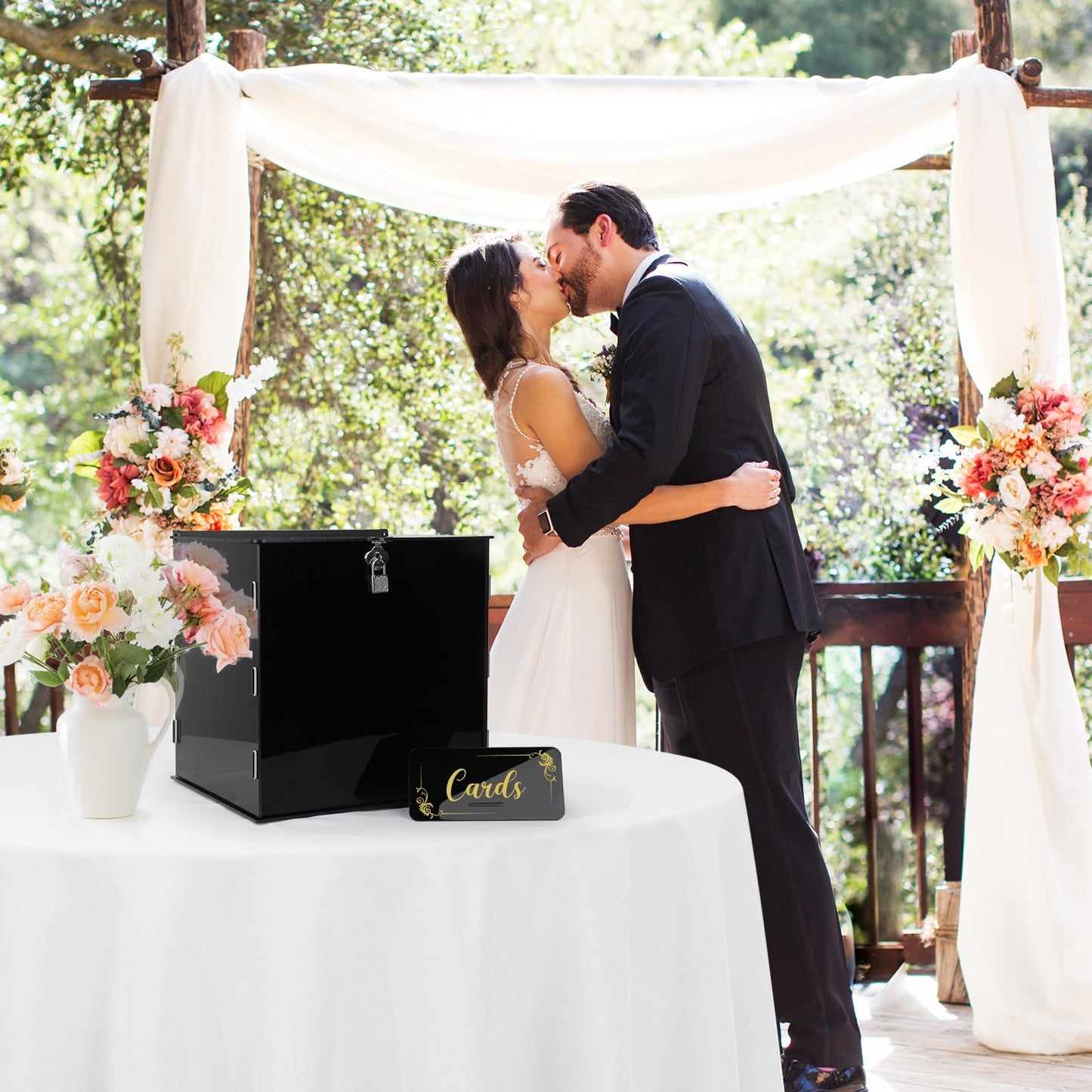 Fowecelt Acrylic Wedding Card Box with Lock Black Card Box DIY Large Rustic Card Box for Wedding Reception Bridal Shower Birthday Baby Shower Party Graduation Decorations (10x10x10 Inch) BST326H