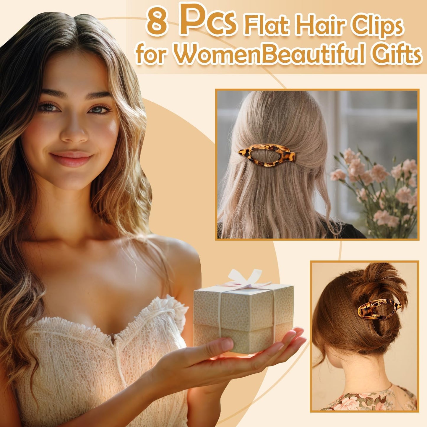 8 Pcs Flat Hair Clips for Women, 2 Styles Large Flat Claw Clips for Women, Strong Hold Non-slip French Hair Clips for Thick Thin Hair, Neutral Color WN420