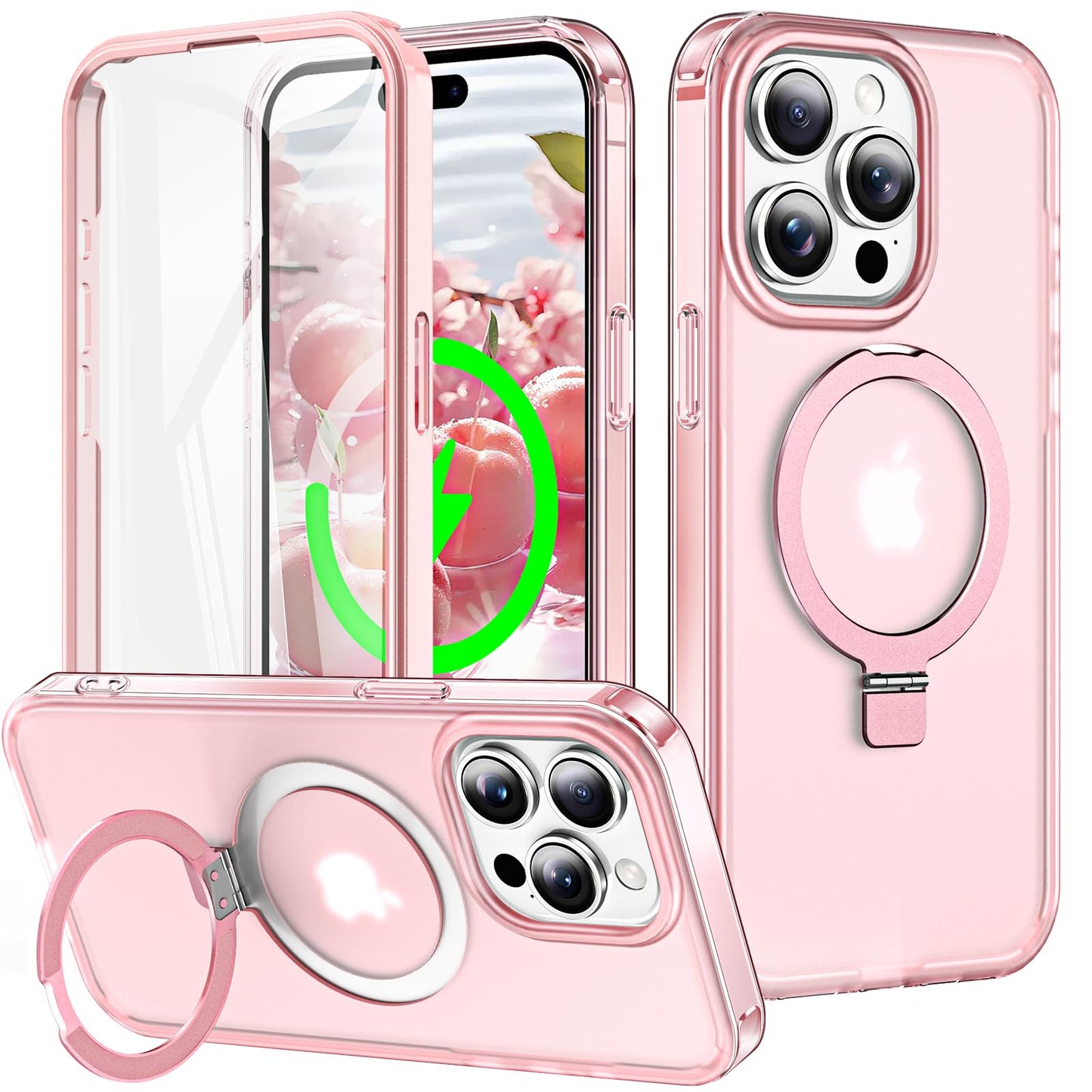 for iPhone 13 Pro Full Body Shockproof Case with Magnetic Invisible Stand [Compatible with MagSafe] Built-in Screen Protector Military Drop ProtectionTranslucent Phone Cover -Hot Pink WN420
